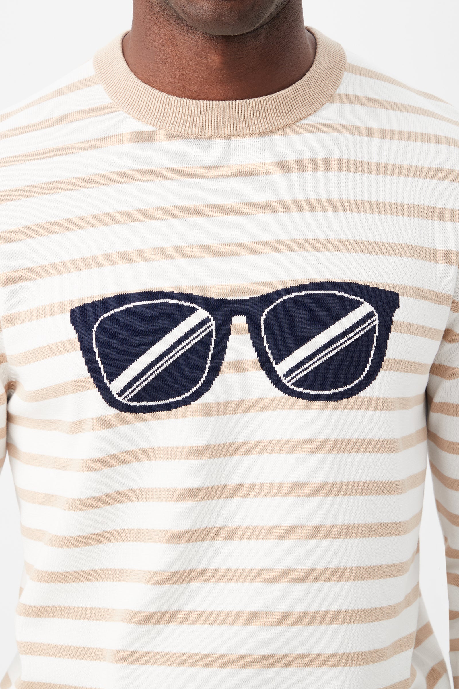 A person is wearing the Julian Sunglasses Crewneck Sweater, featuring beige and white stripes with a large navy blue sunglasses graphic on the chest. The face is not fully visible.