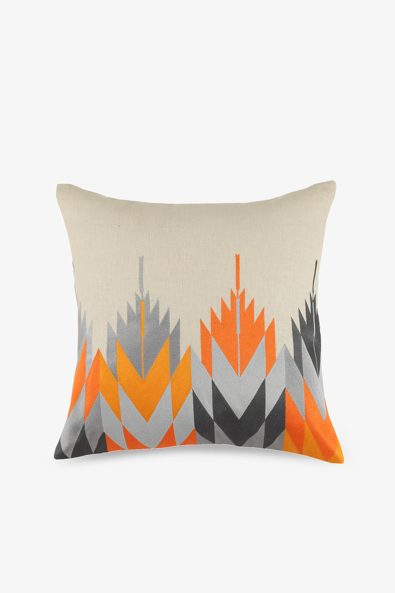Cypress Embroidered Square Pillow in GREY features a geometric chevron pattern in orange, gray, and black on a cream background with a mountain-like zigzag at the bottom.