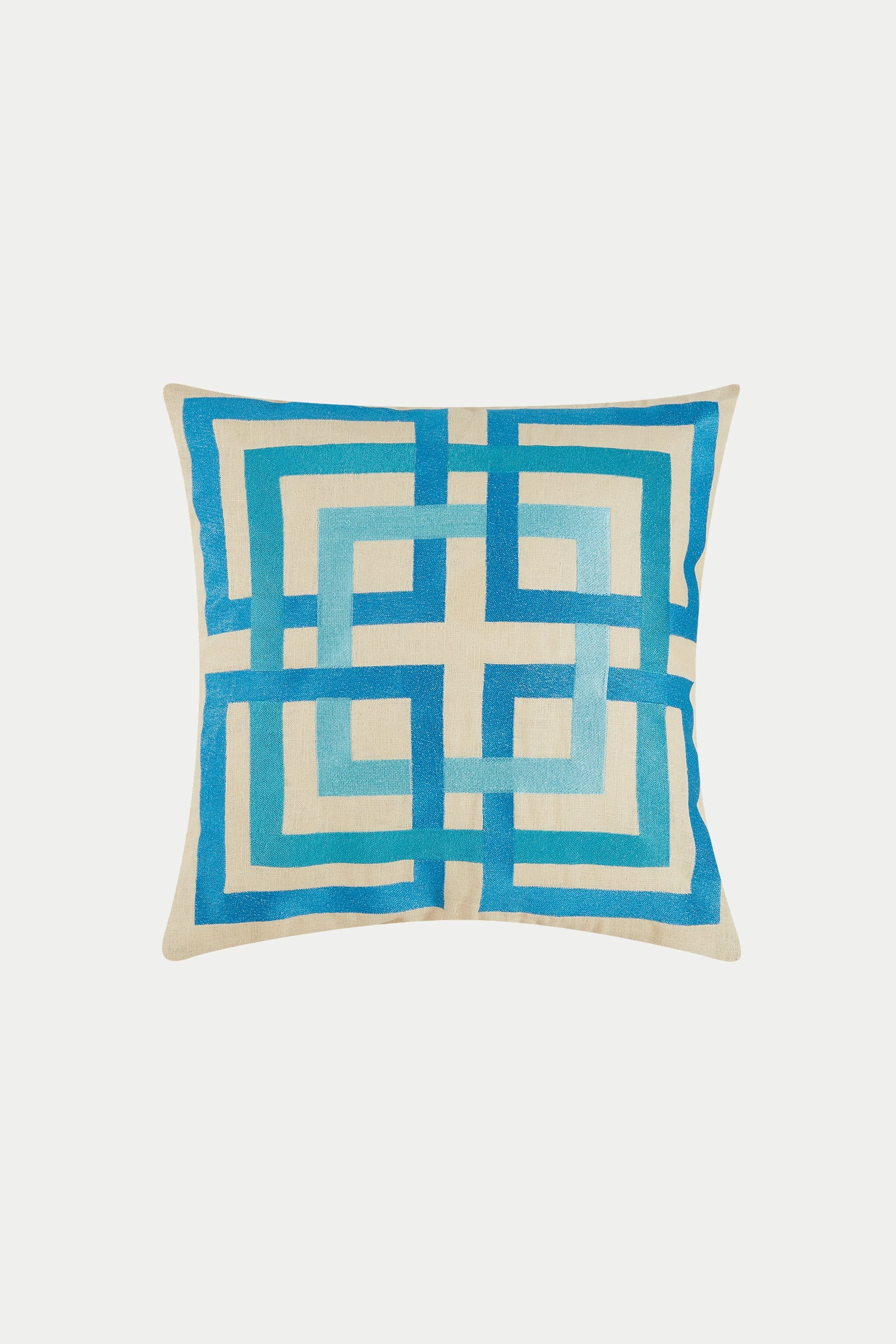 The Shanghai Links Emb Pillow20X20 is a 20"x20" throw pillow with a geometric maze pattern in blue and cream on a light background. Overlapping squares and lines create a modern look, while plush down feathers add extra comfort.
