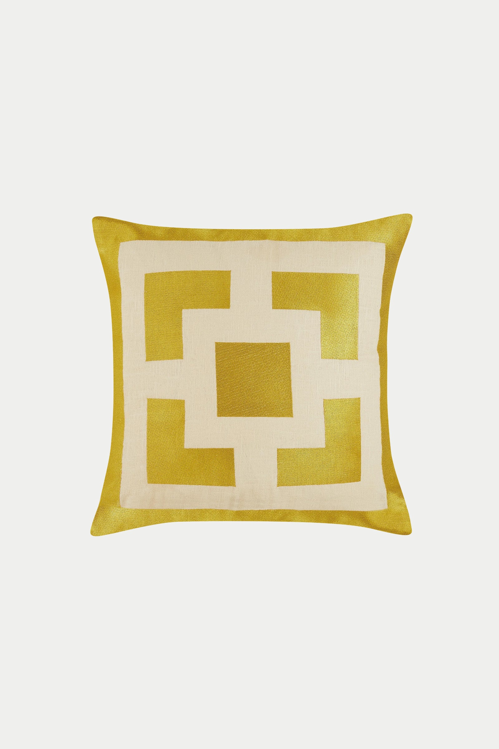 The PALM SPRINGS BLOCK EMB PILLOW 20X20" features a yellow and white geometric pattern of intersecting squares and rectangles on a white cover, with optional down feathers for extra comfort.