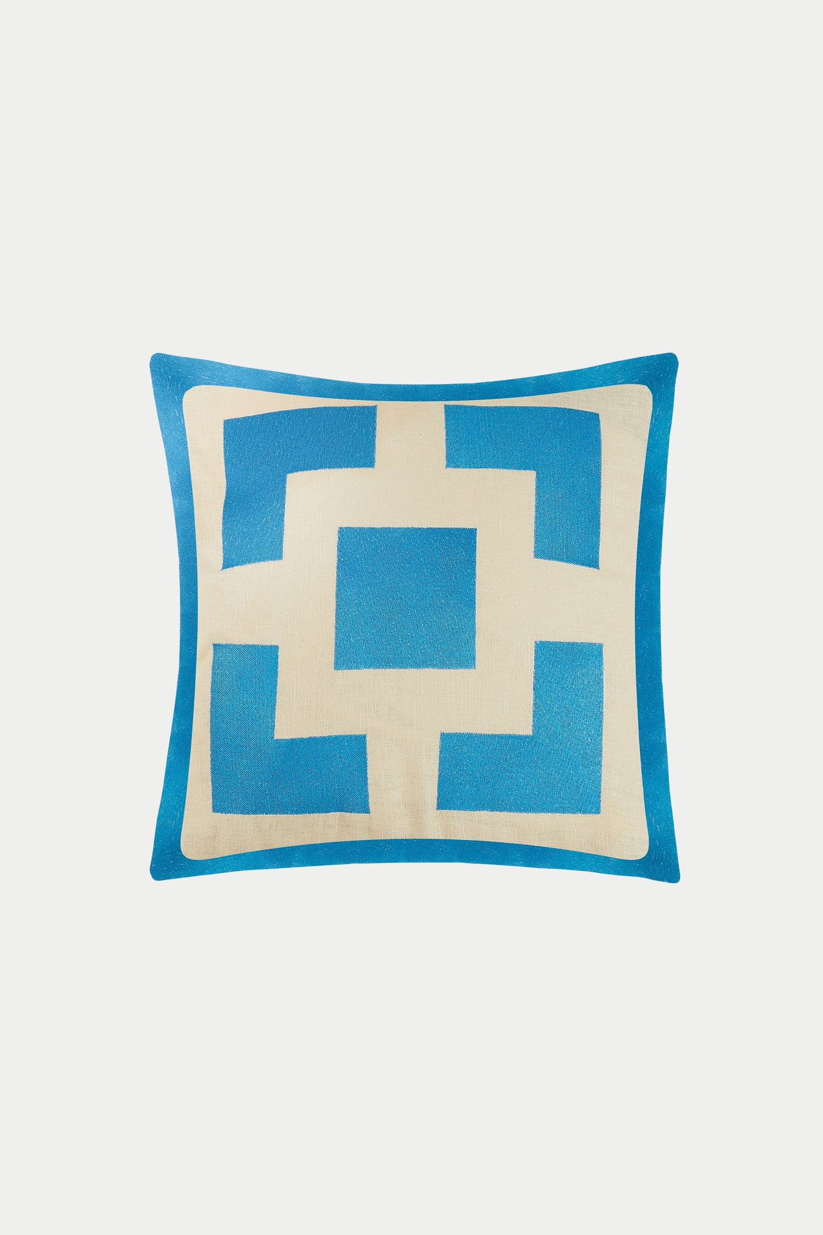 The Ps Block Emb Pillow 20x20" features a bold geometric pattern with interlocking squares and a blue border on a white background—an ideal modern accent for any space.