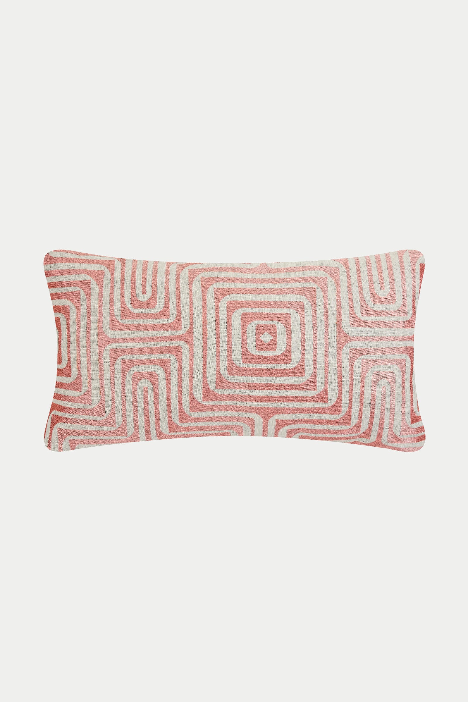 Of course! Please provide the keywords you'd like me to blend into the description for the AMAZING MAZE EMBROIDERED PILLOW in PERSIMMON.