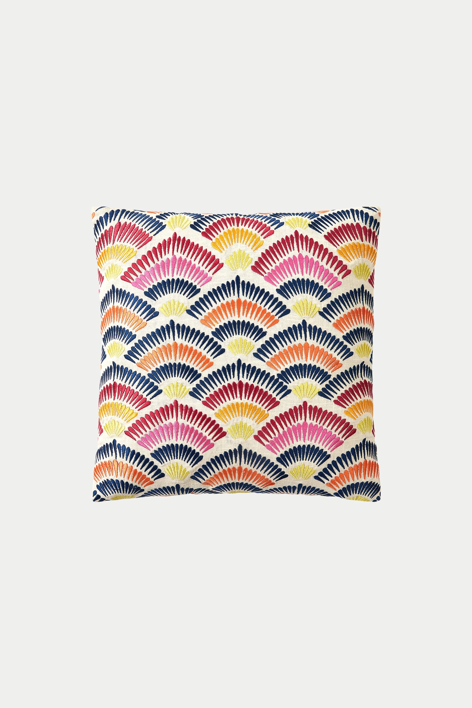 The Pasadena Embroidered Euro Throw Pillow - Multi features a vibrant, colorful scallop pattern in red, yellow, blue, and orange on a white background for a lively touch to your decor.