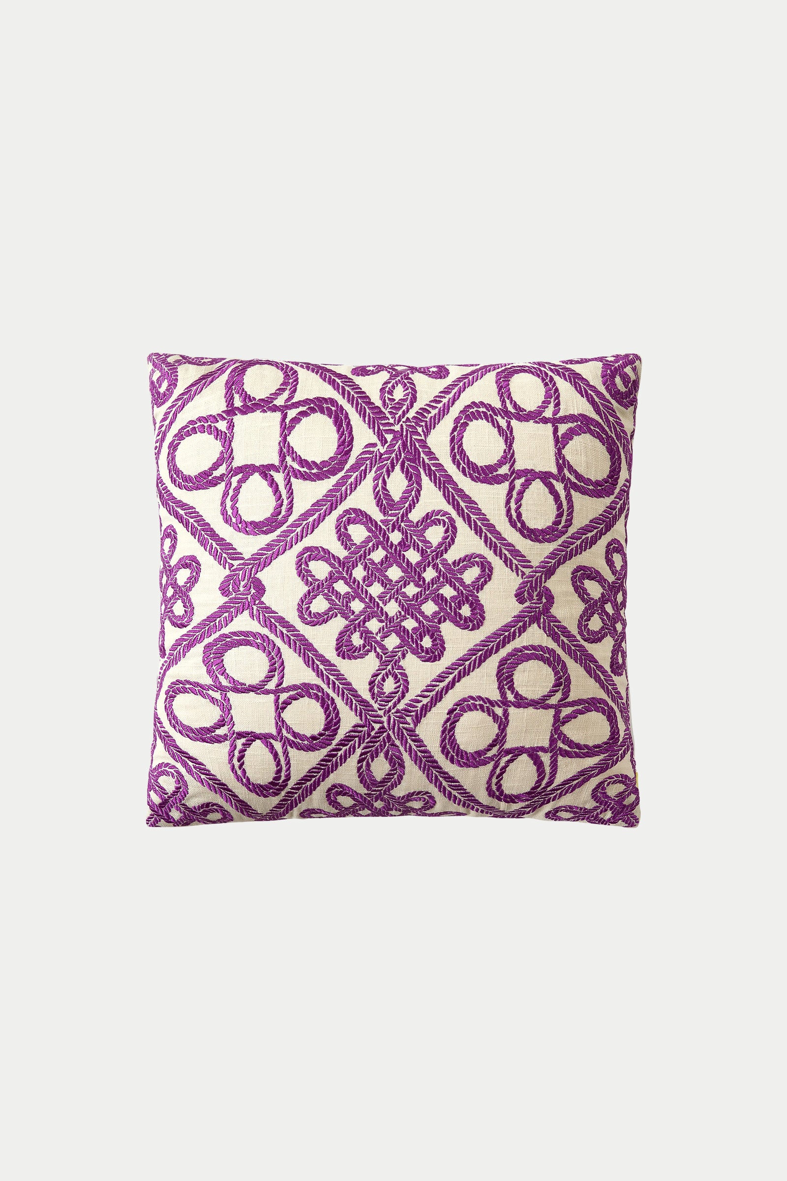 The Costa Mesa Embroidered Euro Throw Pillow - Multi features bold purple geometric and floral embroidery on a cream background, displayed against a plain white backdrop.