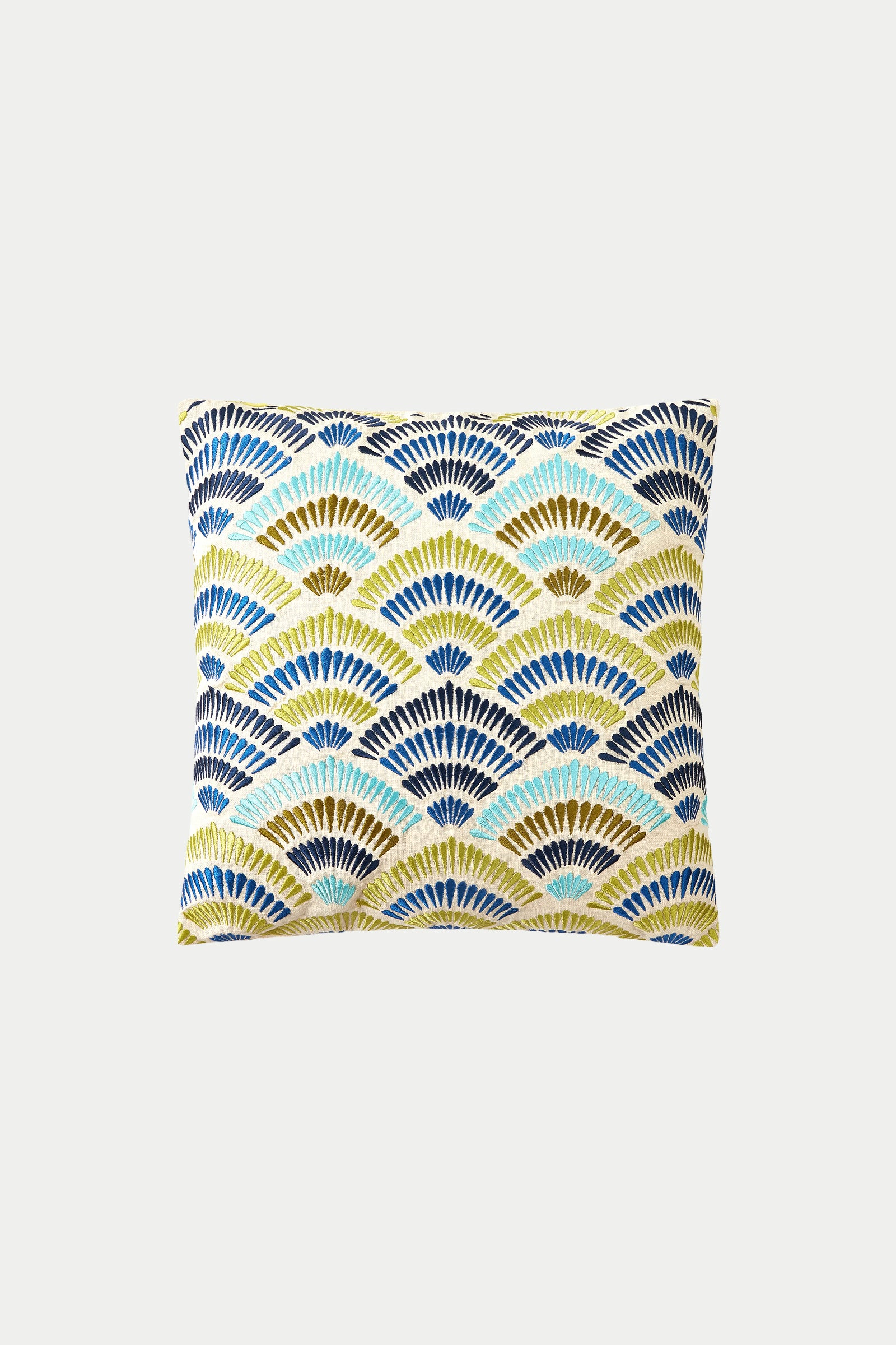 The Pasadena Embroidered Euro Throw Pillow - Blue features a repeating geometric fan pattern in blue, navy, yellow, and white on a crisp white background.