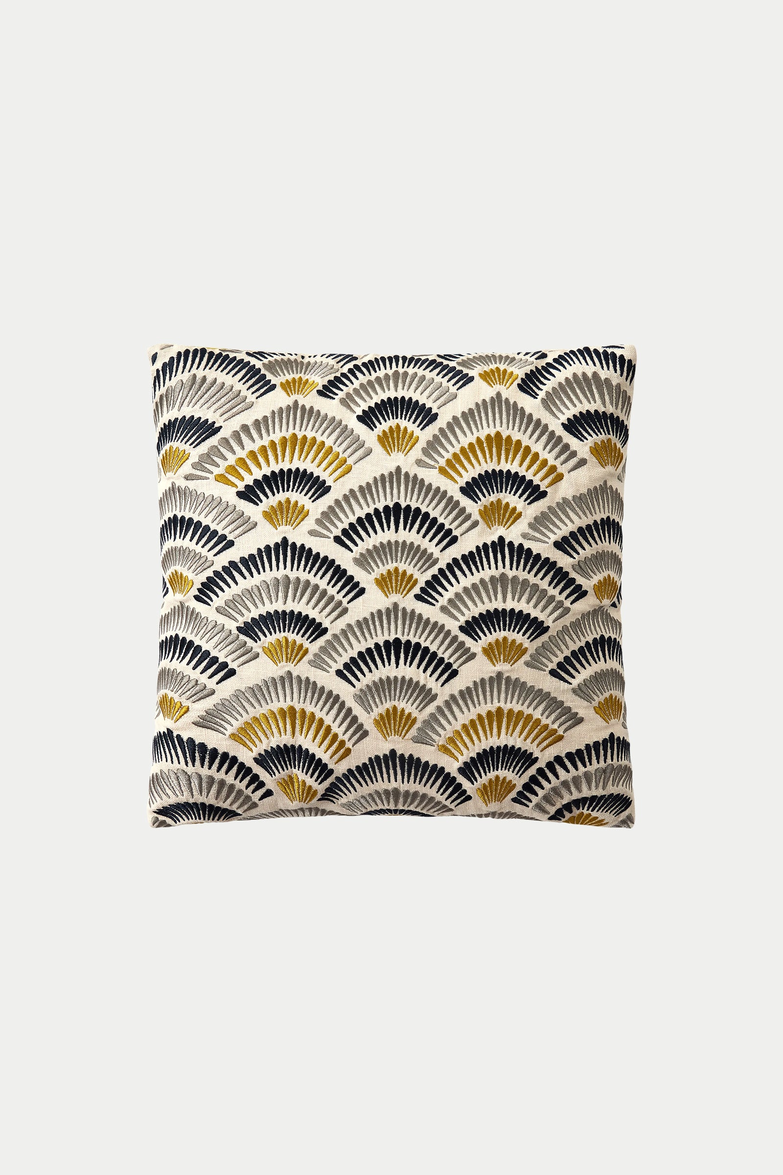 Pasadena Embroidered Euro Throw Pillow - Gold: Rectangular cushion with a white base, adorned with an Art Deco fan pattern in black, gold, and beige.
