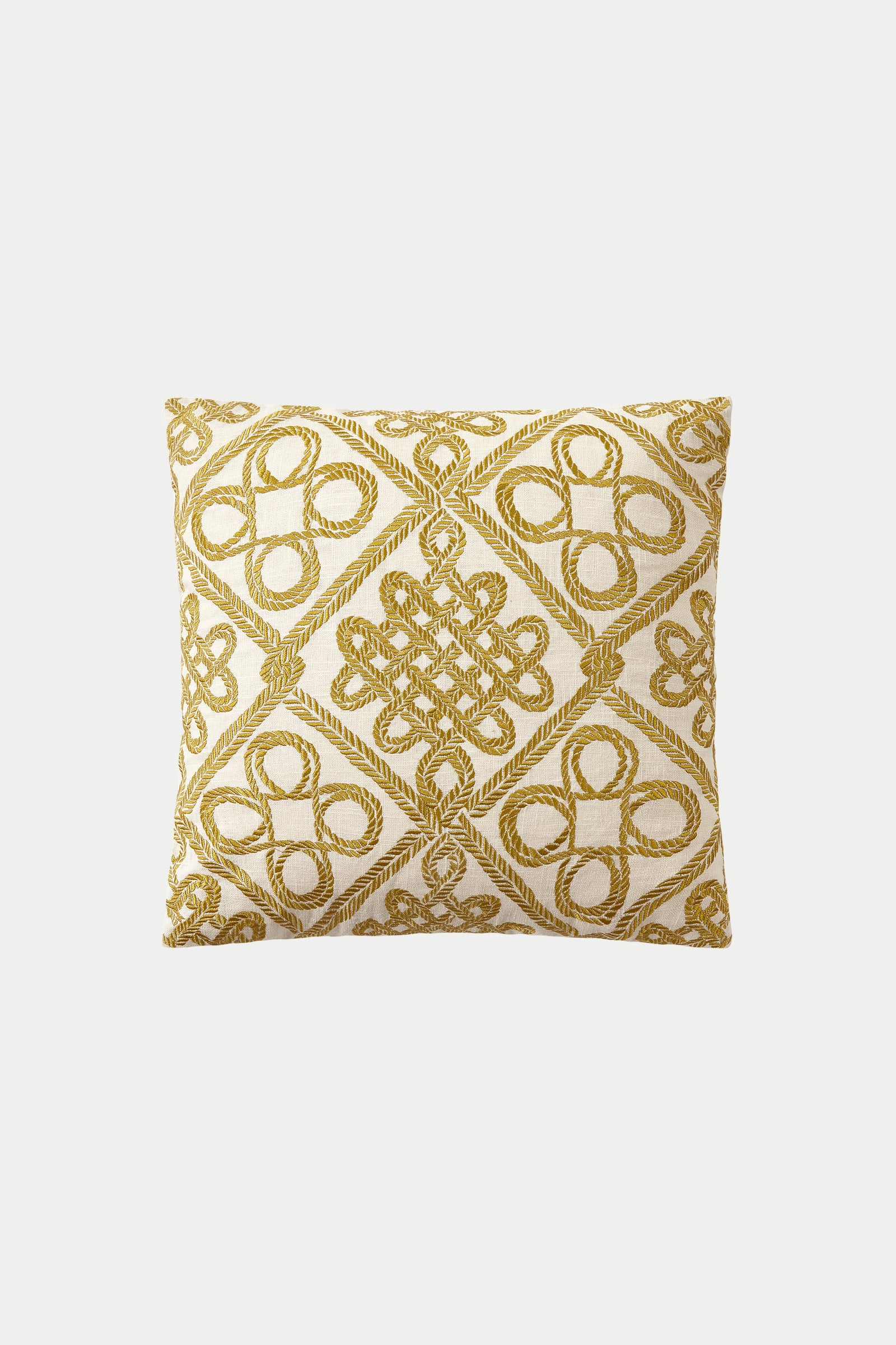 The Costa Mesa Embroidered Euro Throw Pillow - Gold features intricate gold geometric and looped embroidery on a white background, shown against a plain white backdrop.