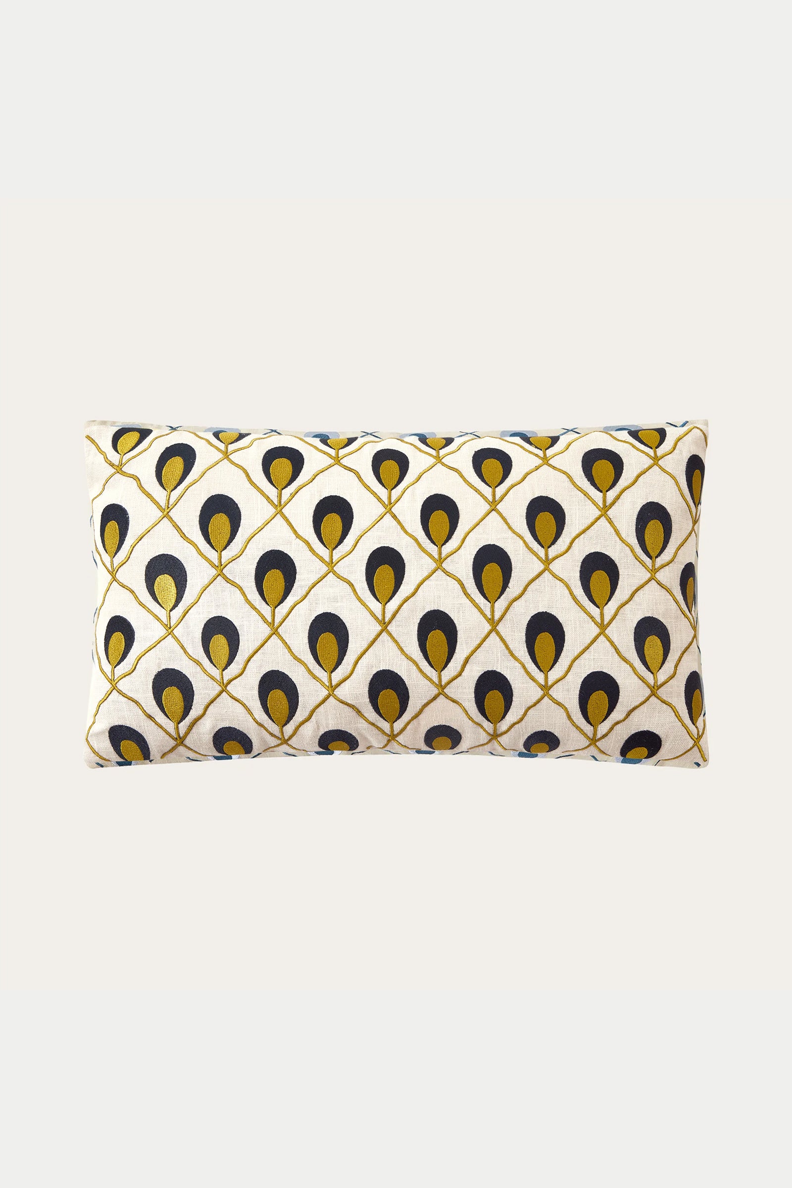 The Roseville Embroidered Throw Pillow - Gold features a geometric, peacock feather-inspired pattern in black, gold, and blue on a cream background, with an evenly spaced design.