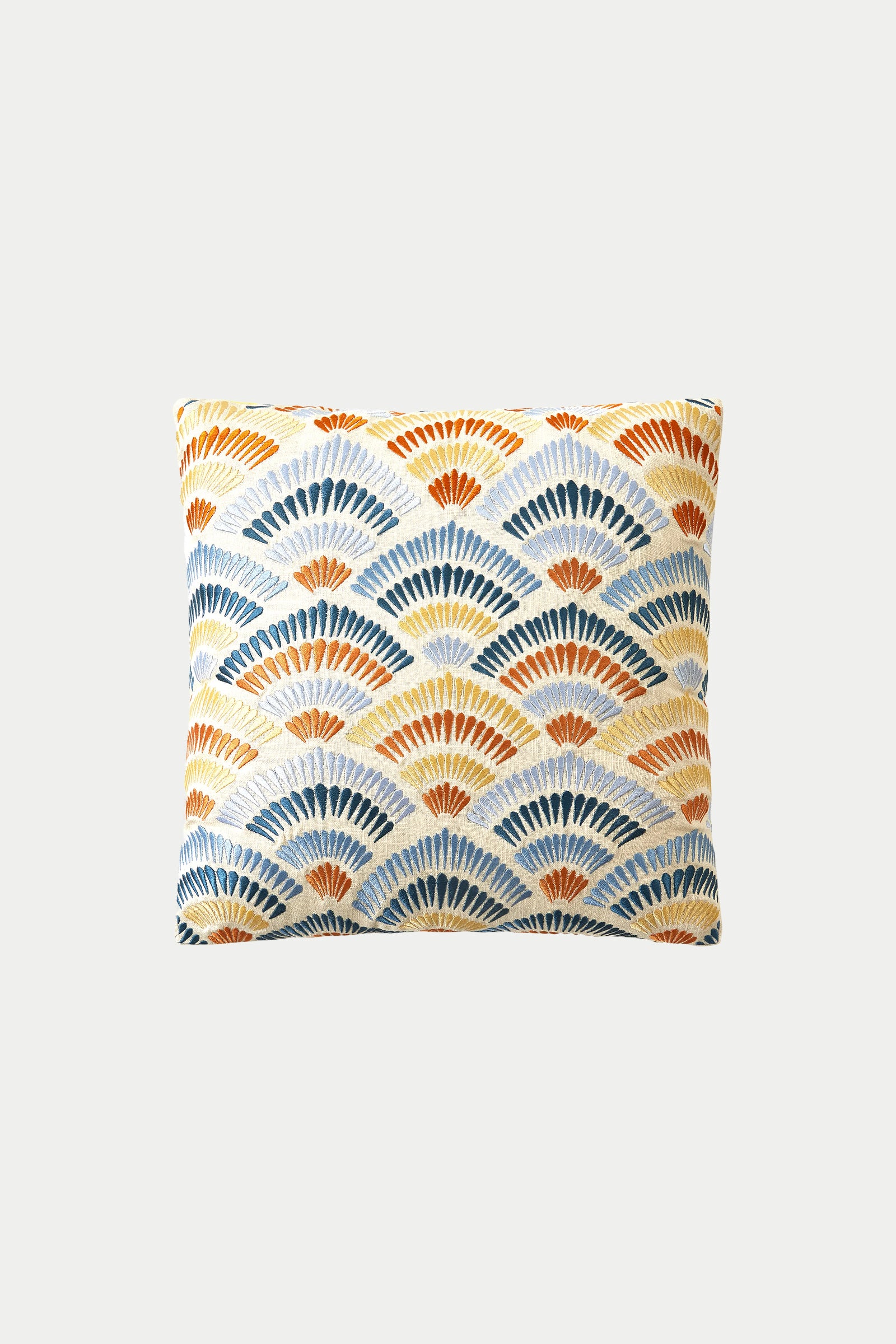 The Pasadena Embroidered Euro Throw Pillow - Terra features a rectangular shape with a fan-like scallop pattern in blue, yellow, and orange on a white background.