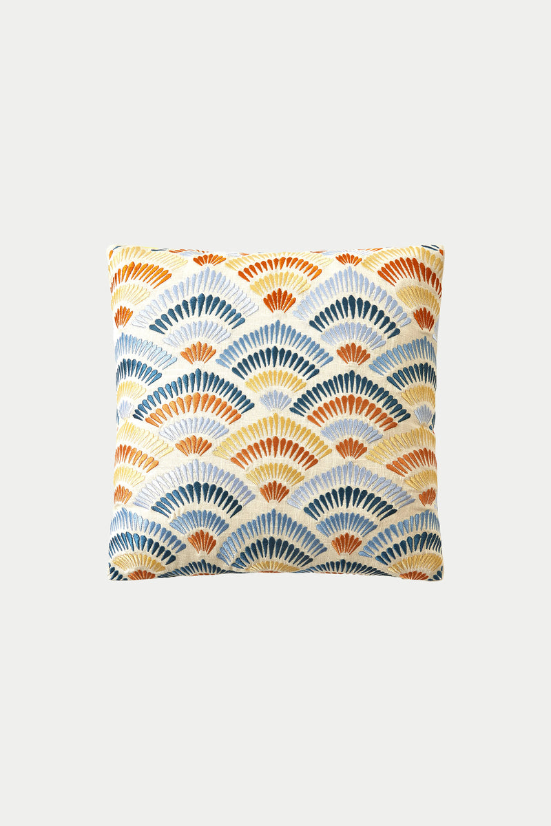 The Pasadena Embroidered Euro Throw Pillow - Terra features a rectangular shape with a fan-like scallop pattern in blue, yellow, and orange on a white background.