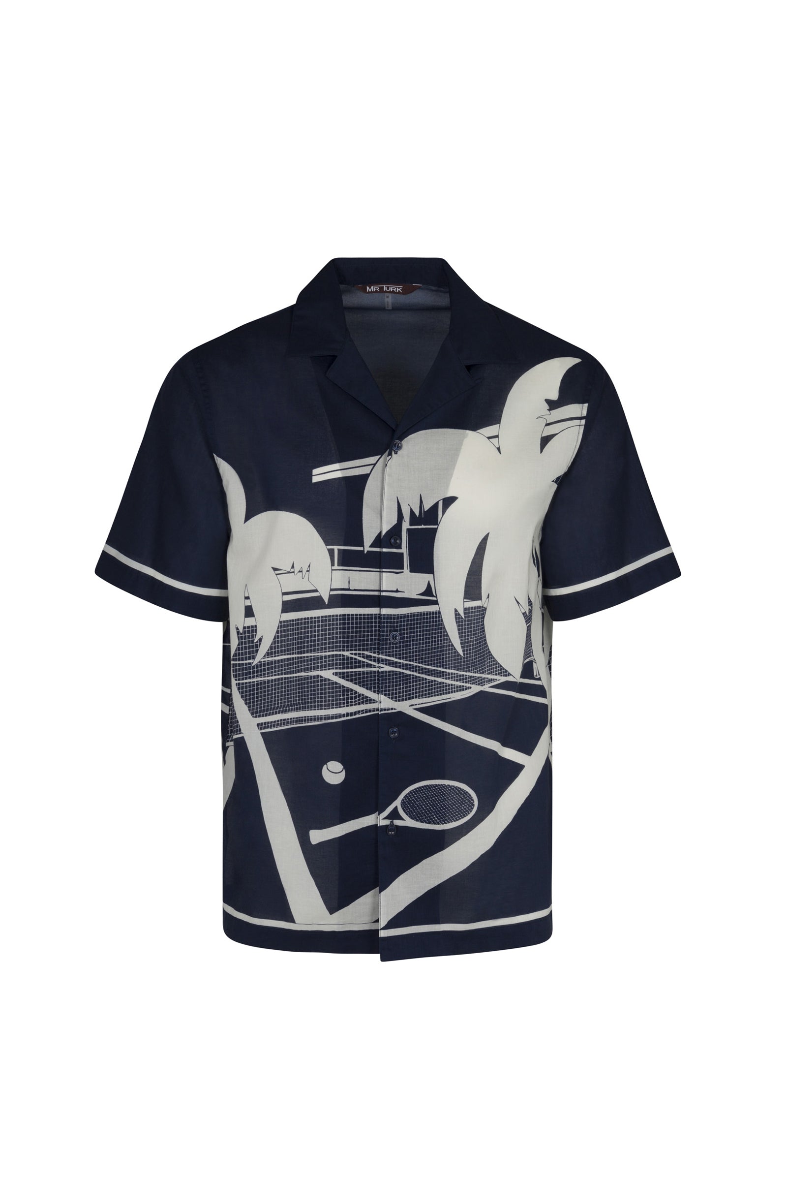 The Josue Short-Sleeve Shirt features a navy button-up design with a white graphic of palm trees and a tennis court, complete with racket and ball in the foreground.