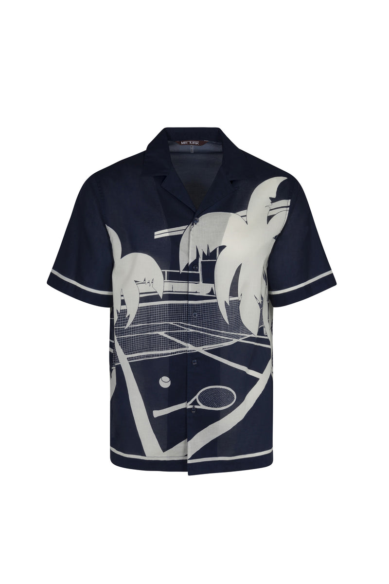 The Josue Short-Sleeve Shirt features a navy button-up design with a white graphic of palm trees and a tennis court, complete with racket and ball in the foreground.