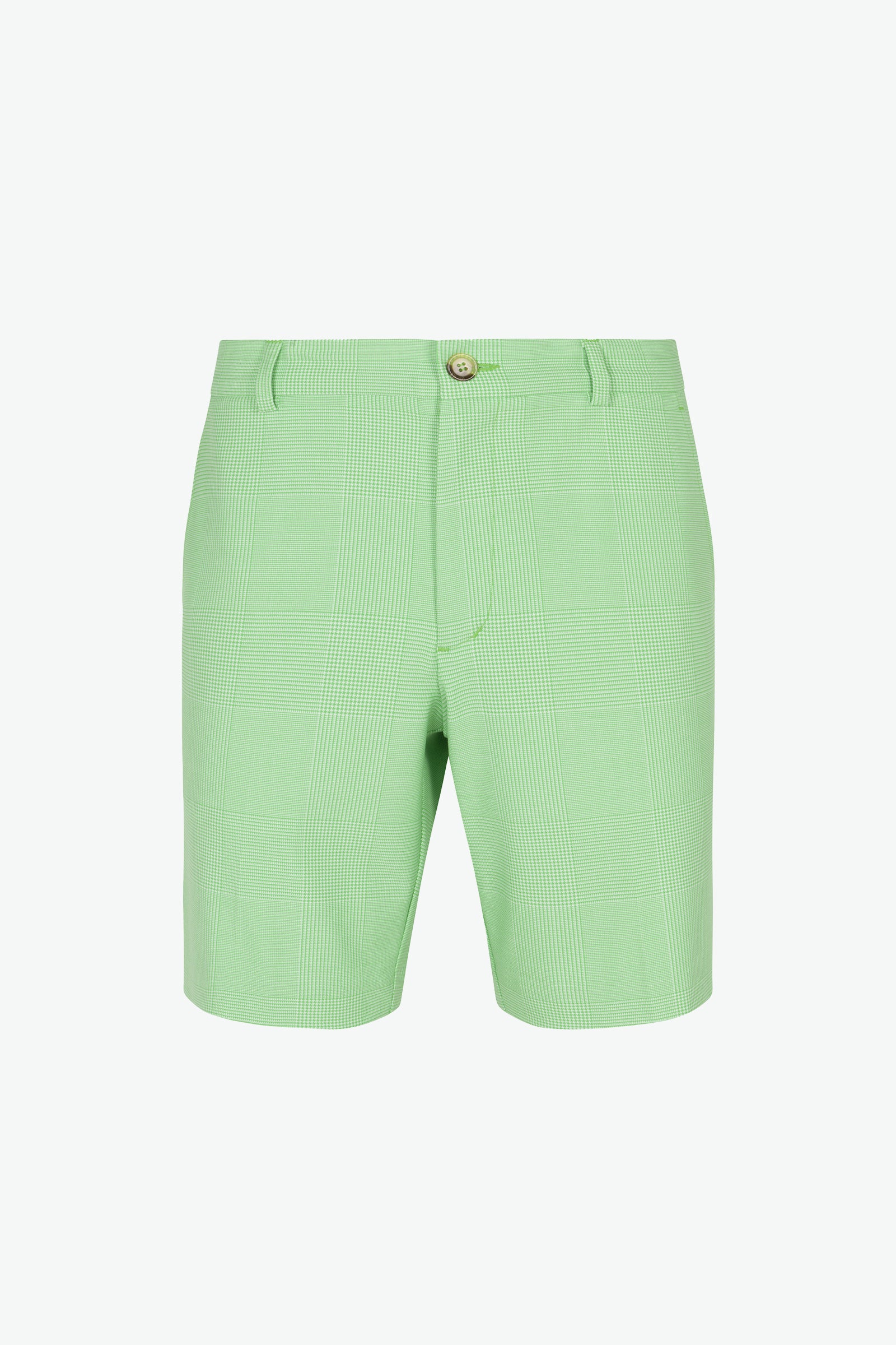 The Travis Short - Game Time Glen Plaid features light green plaid, belt loops, button closure, and front pockets, shown on a plain white background.