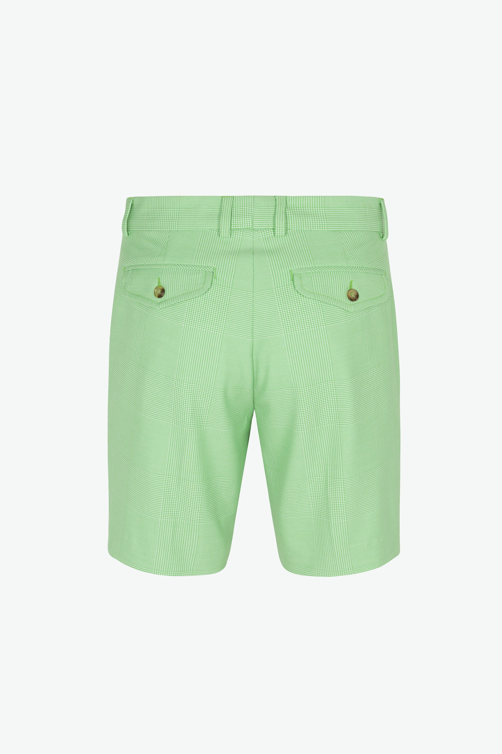 The Travis Short - Game Time Glen Plaid is shown from the back in light green, featuring two buttoned flap pockets, belt loops, and vertical pinstripes against a plain white background.