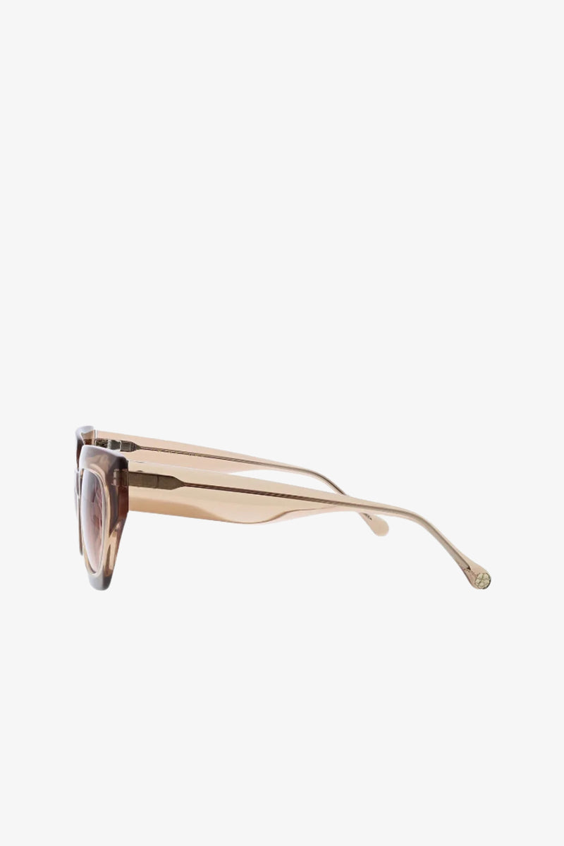 Side view of the Sol Wide Frame Square Acetate Sunglasses, featuring translucent light brown frames and slightly curved arms, set against a plain white background.
