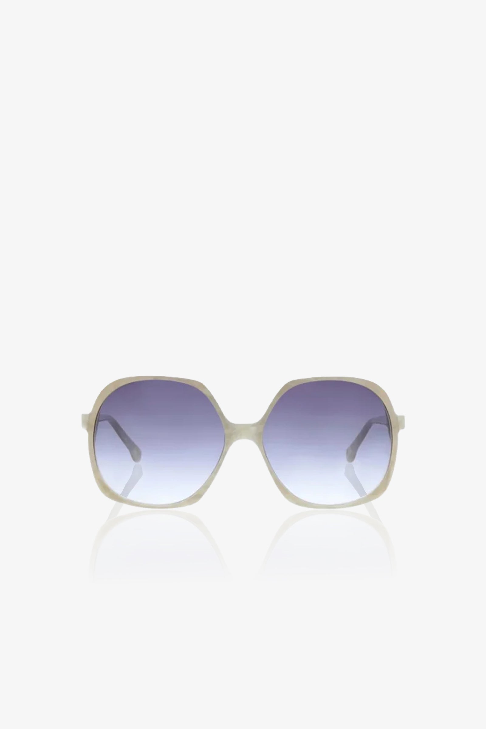 Paradis Oversized Square Acetate Sunglasses featuring a white frame and gradient blue-tinted lenses are displayed facing forward against a plain white background, with their reflection visible below.