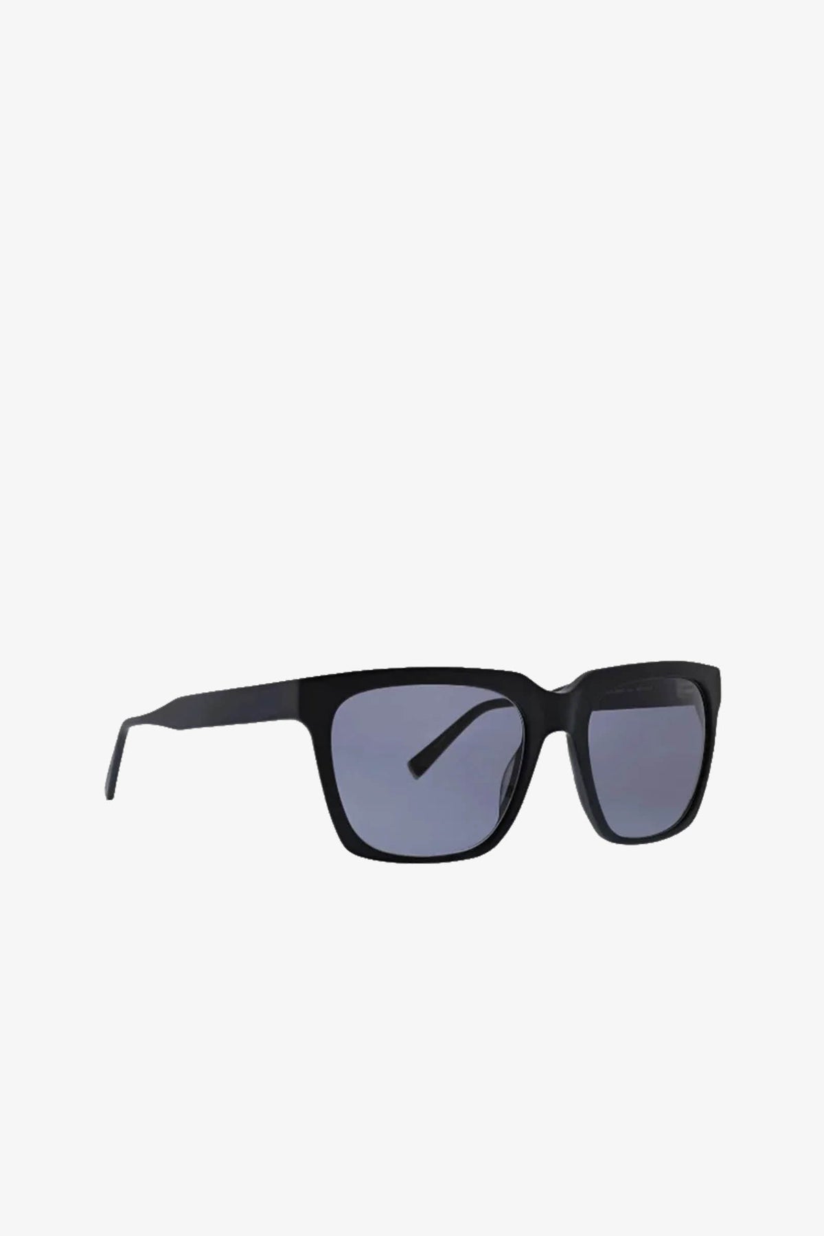 A pair of MRT Holl Square Acetate Sunglasses in black with dark lenses is displayed on a white background, with the left temple arm angled away from the viewer.