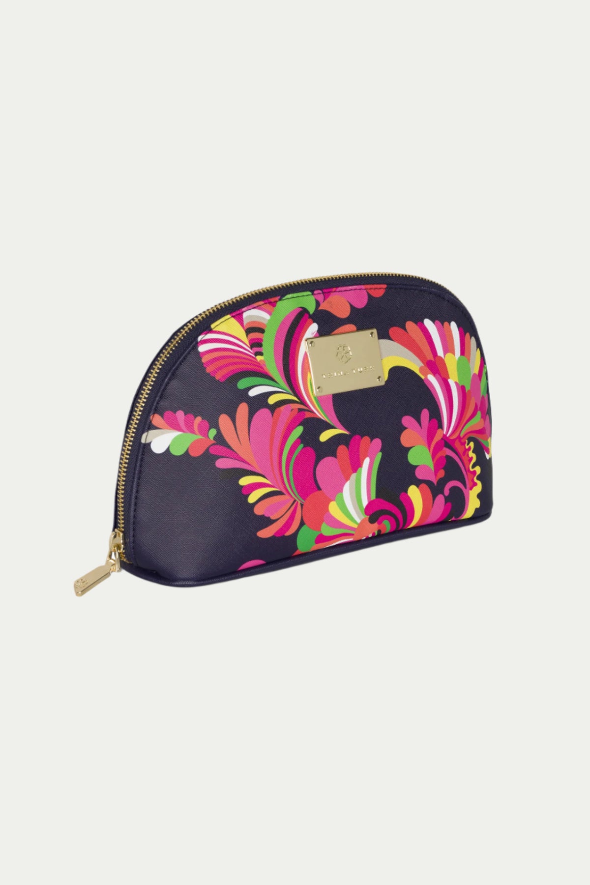 A multi-colored Dome Cosmetic Bag - Palms Paradise, featuring a vibrant palm print and a gold rectangular label on the front.
