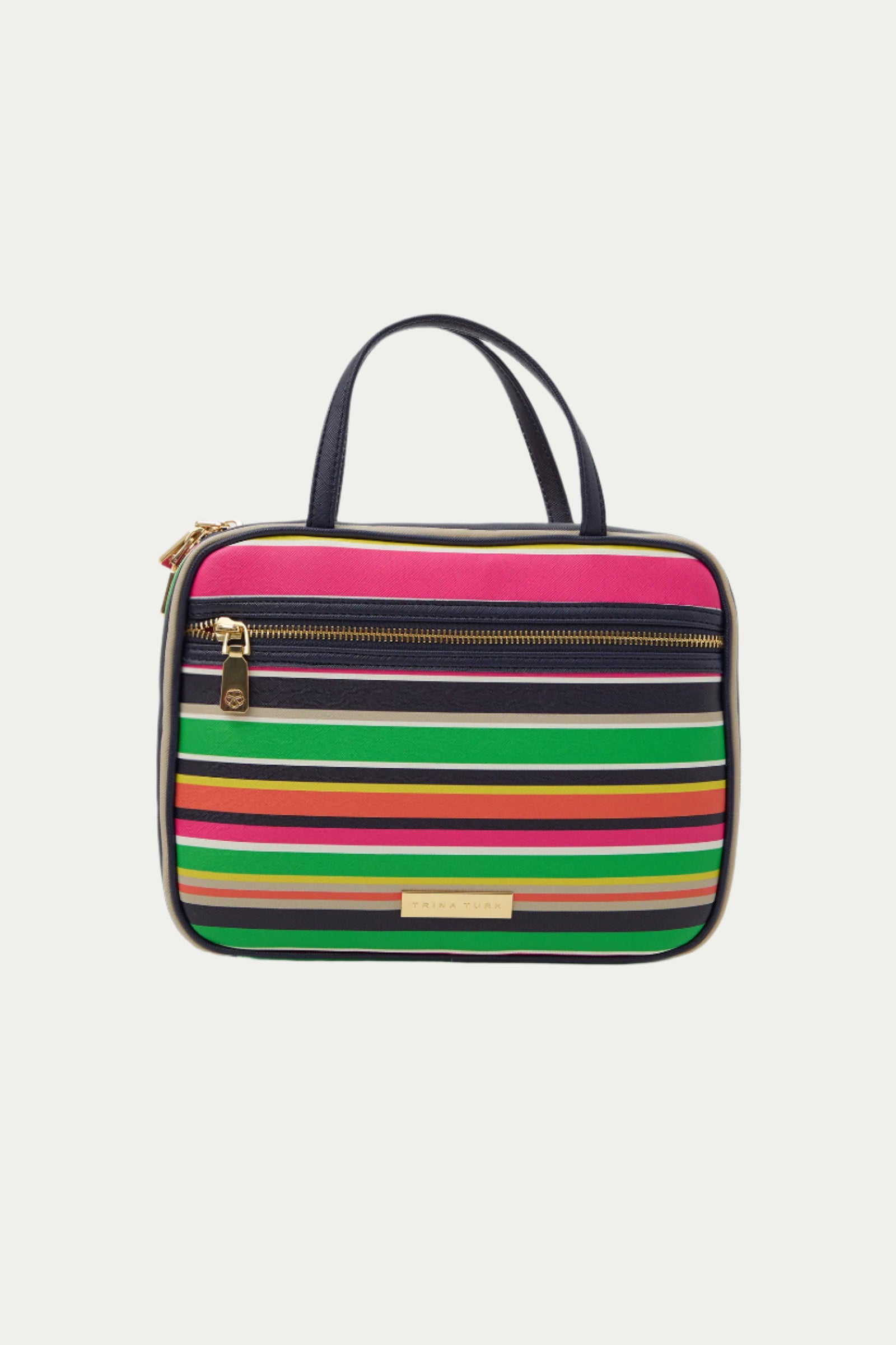 The Travel Toiletry Case - Splash Stripe is a small rectangular bag in multi colors with a top handle, colorful horizontal stripes, front zip pocket, and gold front label.