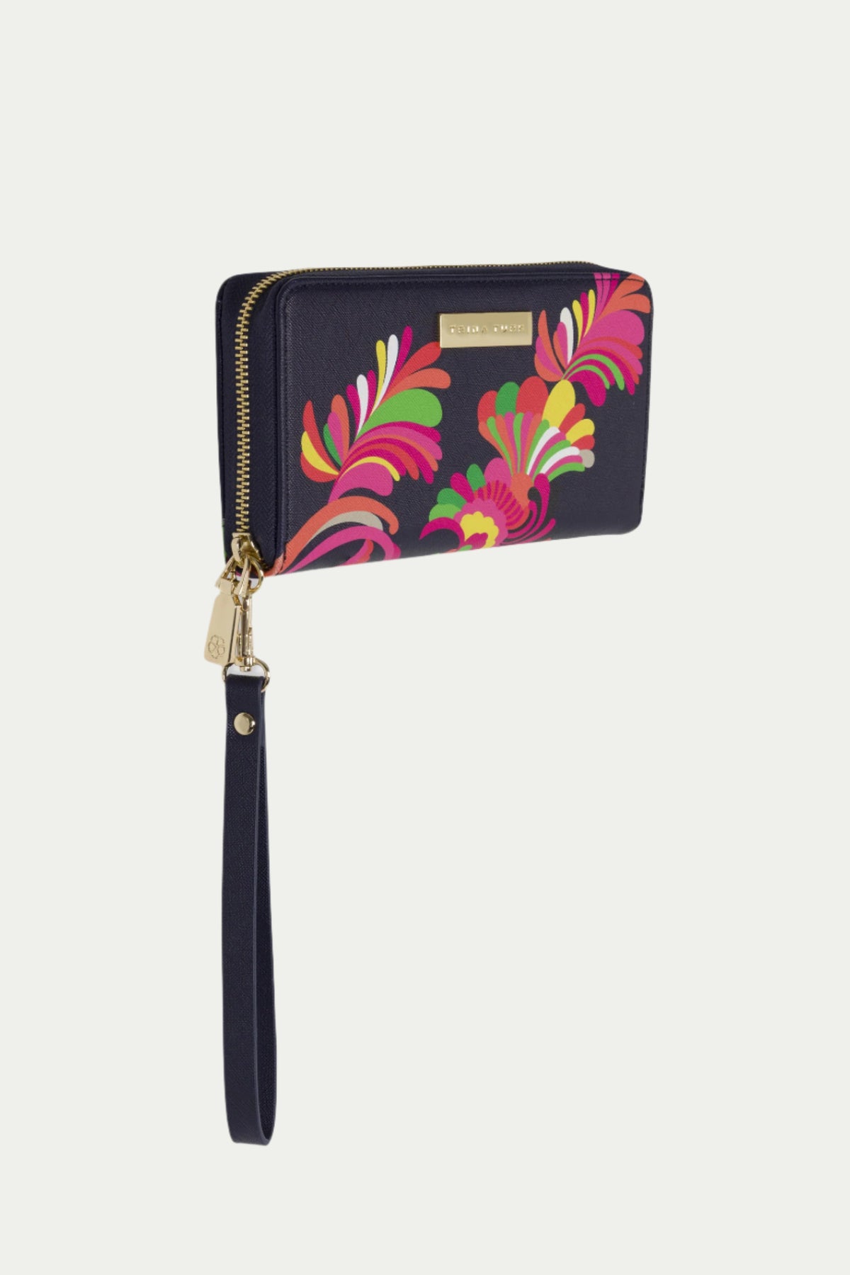 The Wristlet - Palms Paradise features a multi-color floral design on the front, gold zipper and hardware, a detachable wrist strap, and vibrant pink, red, orange, and green accents.
