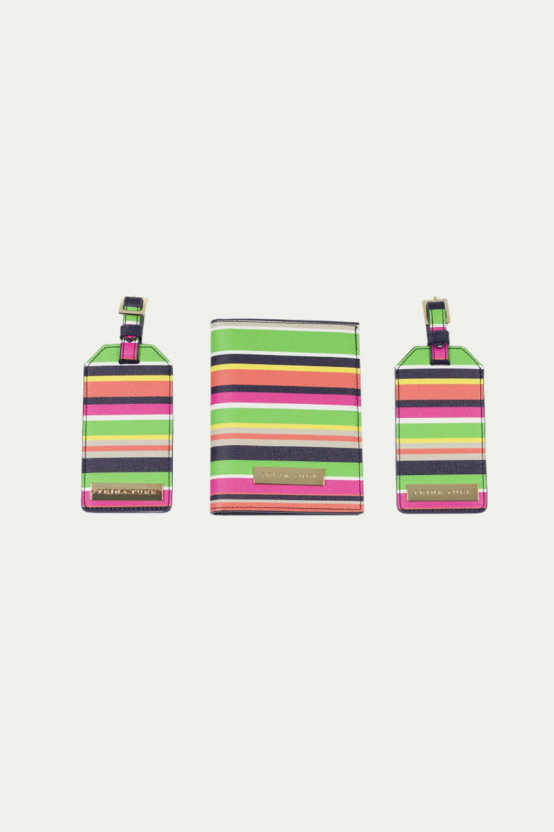 The Passport Tag Set - Splash Stripe in multi features a passport holder and two luggage tags with colorful horizontal stripes, shown on a white background.