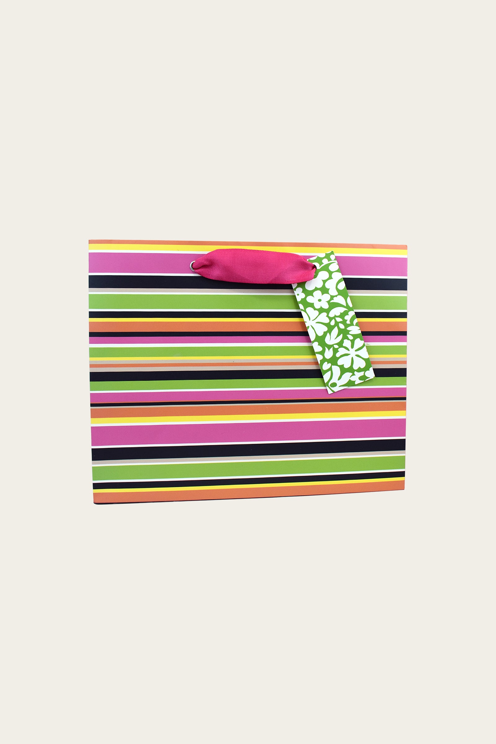 The TT Medium Gift Bag - Splash Stripe features vibrant multi-colored horizontal stripes, a pink handle, and a green gift tag with a white floral pattern.