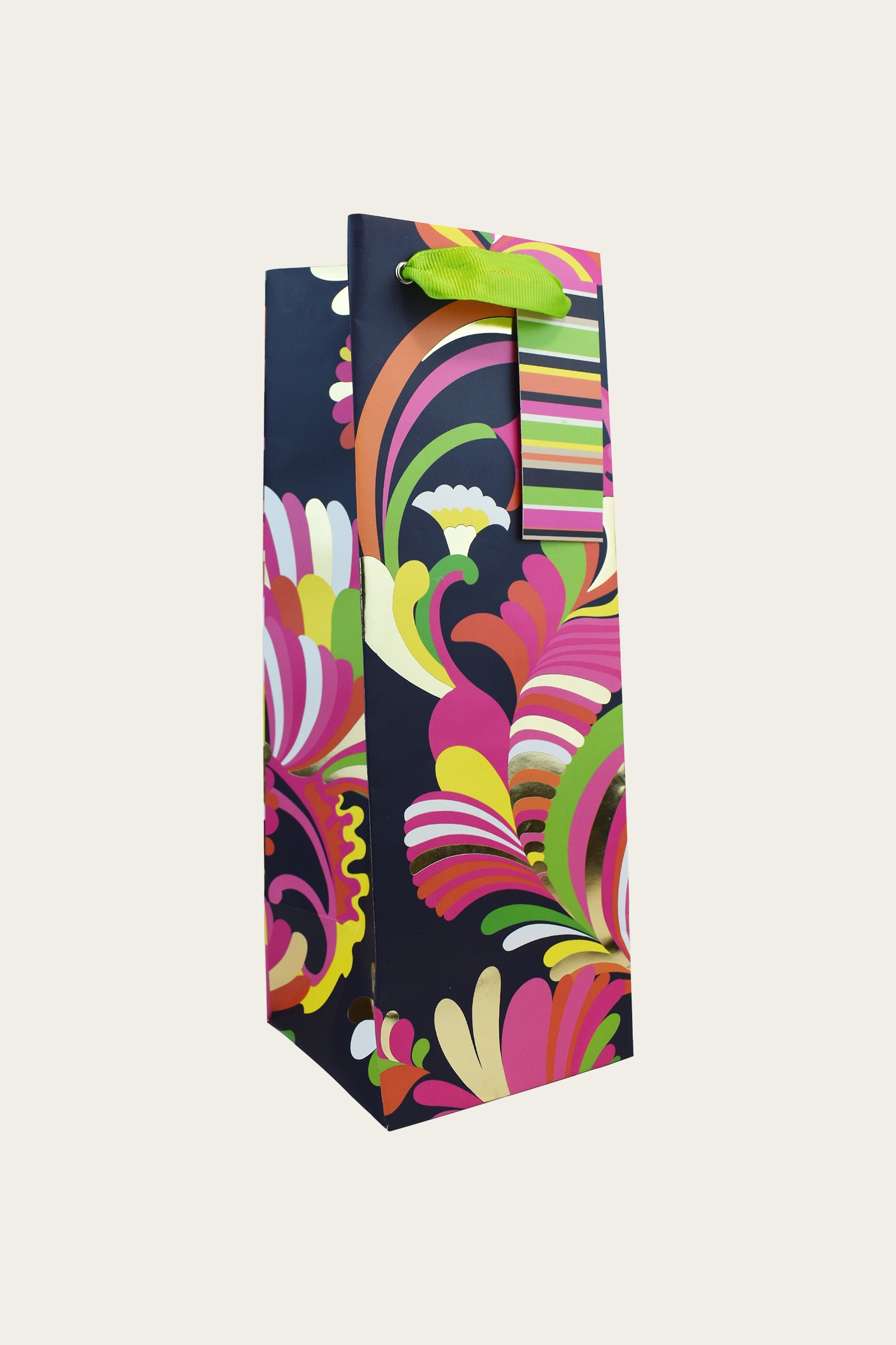 The TT Wine Gift Bag - Palms Paradise features vibrant swirling floral patterns in pink, orange, yellow, green, and white with a green ribbon handle and striped tag.