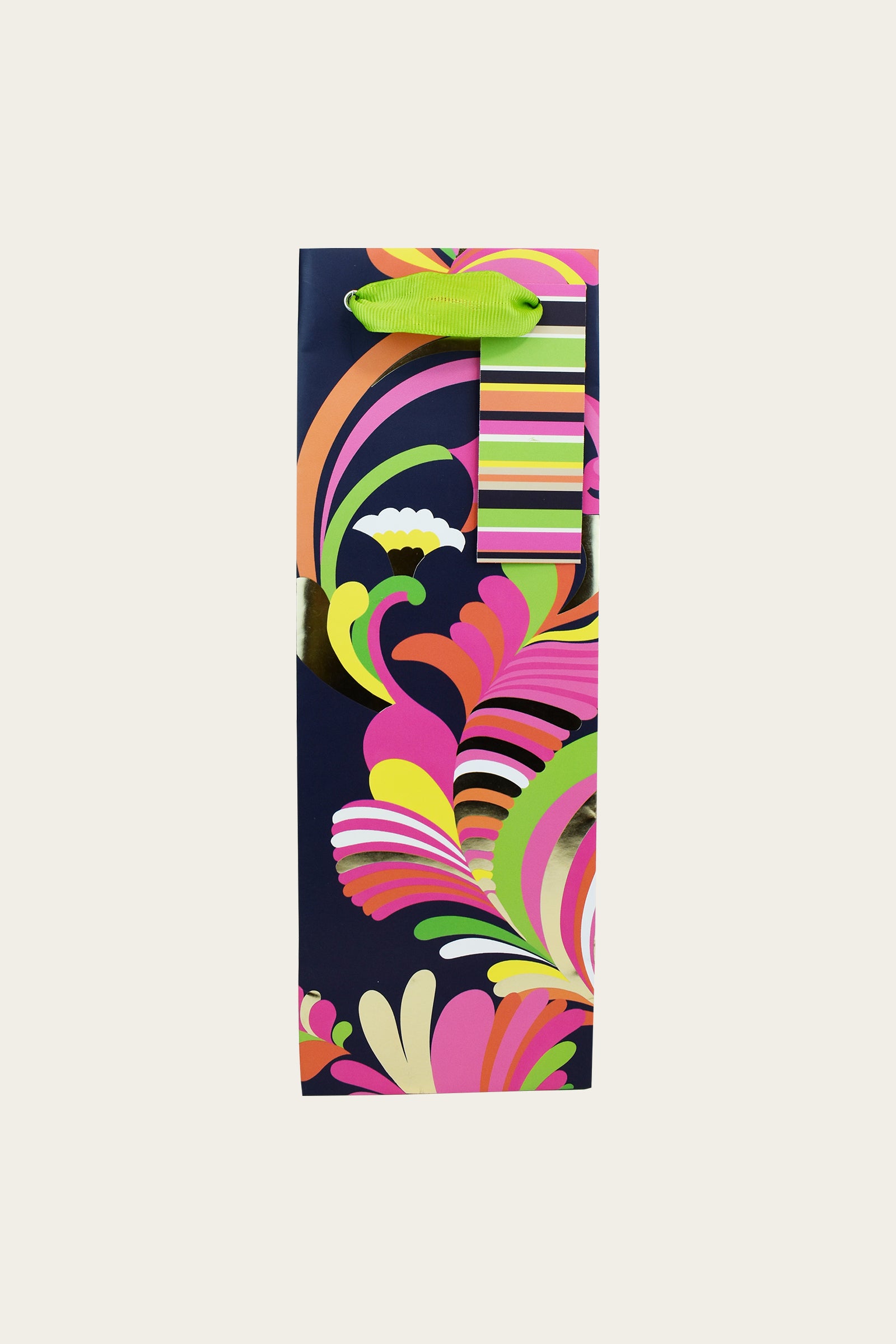 The TT Wine Gift Bag - Palms Paradise features a multi-color palm design on a dark background, complete with a green ribbon handle and a matching striped gift tag.