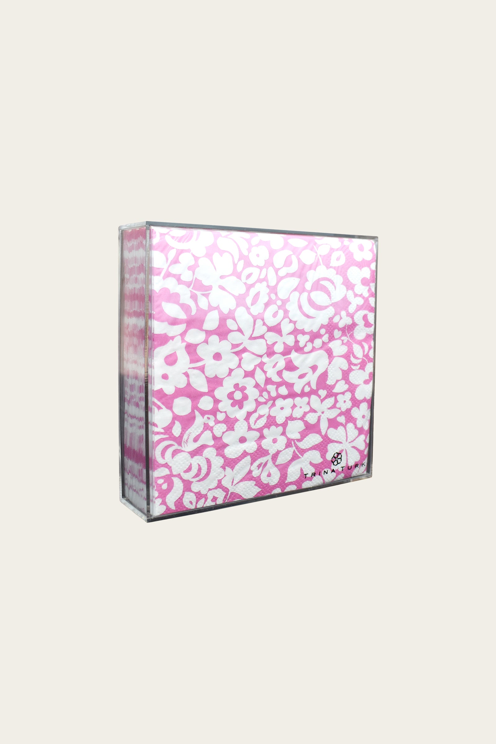 A pink TT Poolside Cocktail Napkin Set with a glossy finish and floral design. The set features the logo on the bottom right corner.