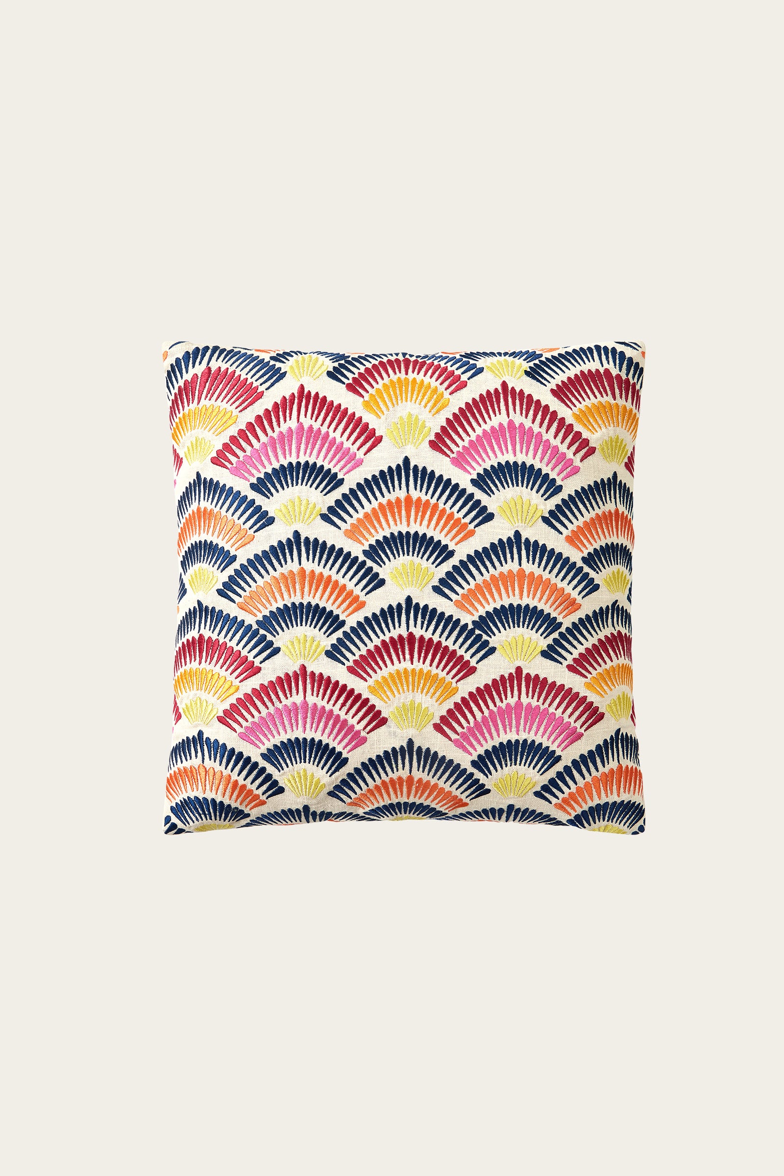 The Pasadena Embroidered Euro Throw Pillow - Multi features a fan-shaped, scalloped pattern in bold red, yellow, navy blue, and white on a neutral background, creating a vibrant and eye-catching accent for your space.