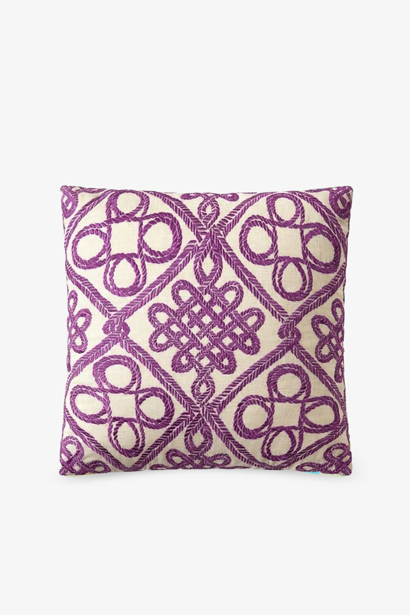 Embroidered Square Pillow in cream, featuring an elaborate purple geometric and looped embroidery on the front, displayed on a plain white background.