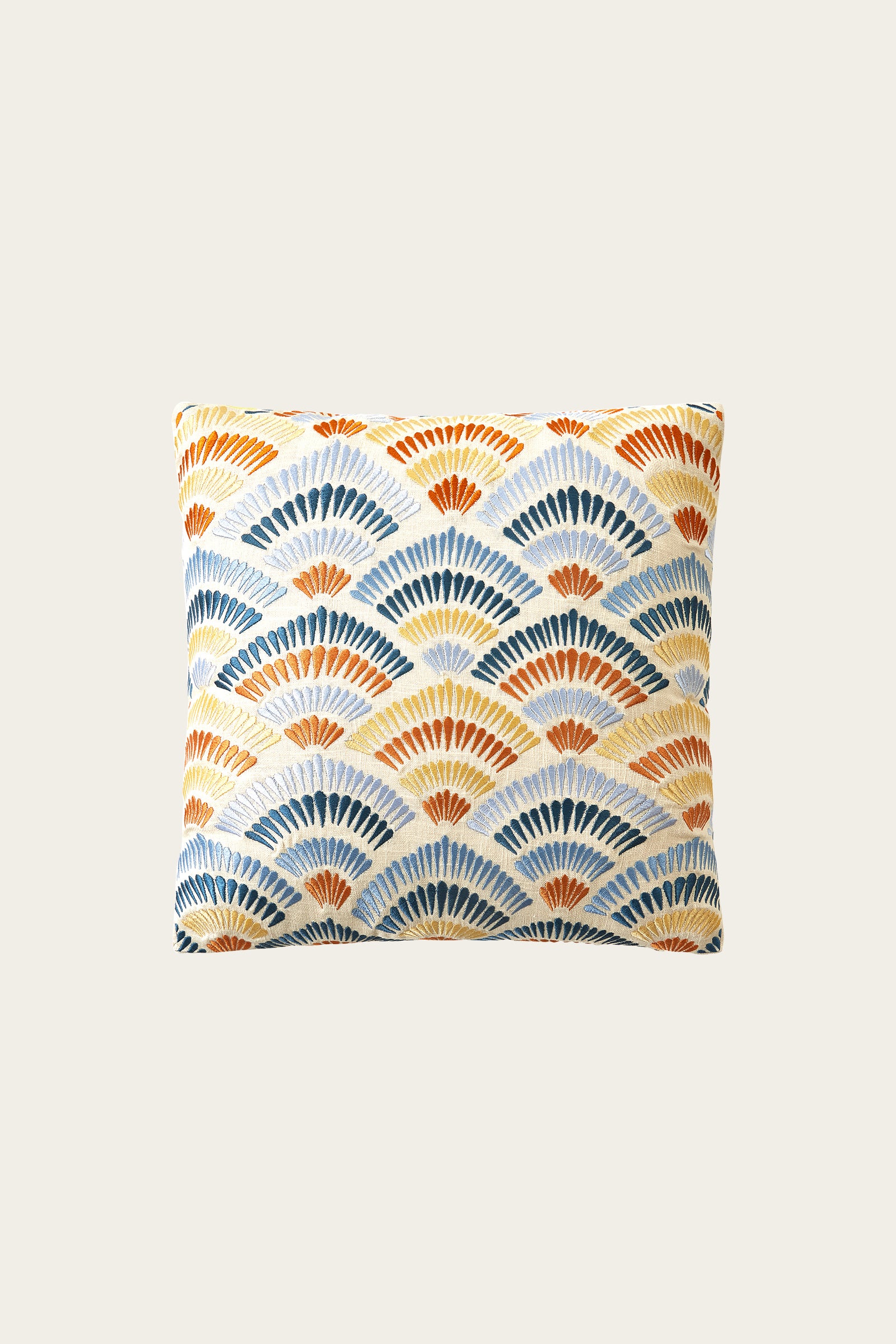 The Pasadena Embroidered Euro Throw Pillow - Terra features a decorative fan pattern in terracotta on a light background.