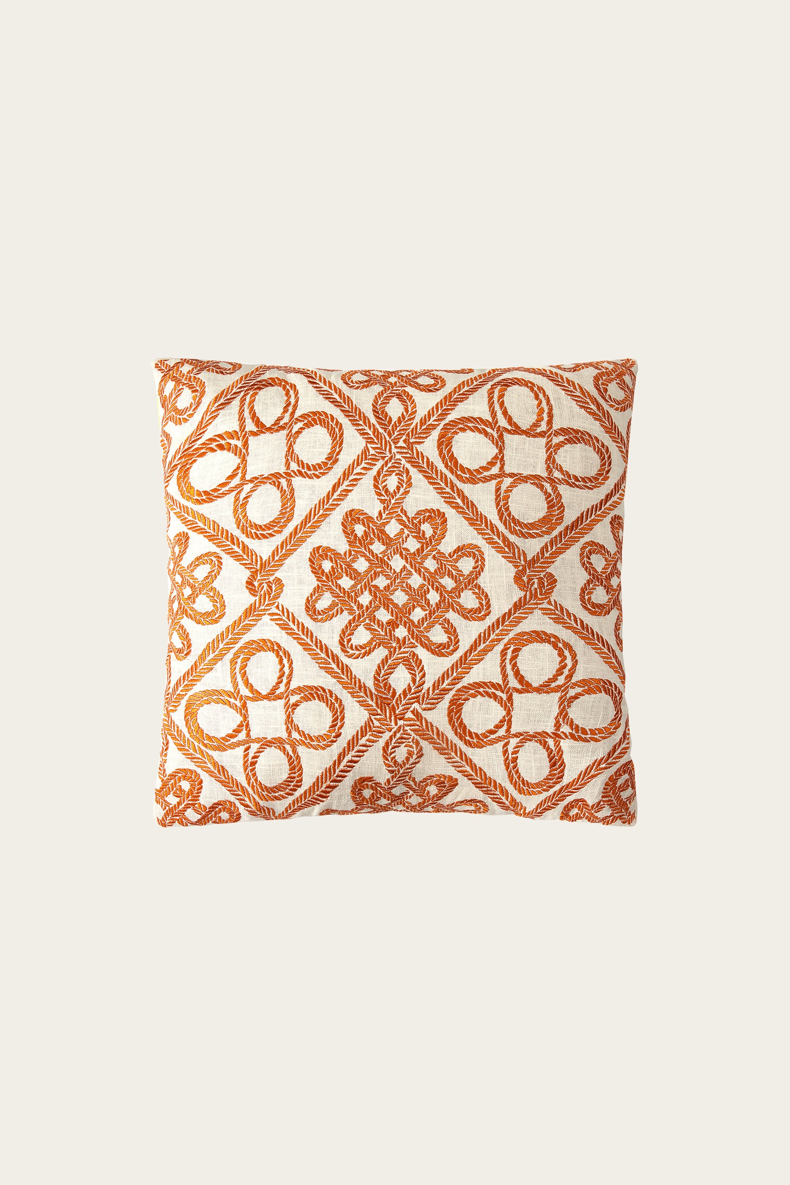 The Costa Mesa Embroidered Euro Throw Pillow in terracotta features an intricate geometric pattern and loop embroidery, displayed against a plain light background.