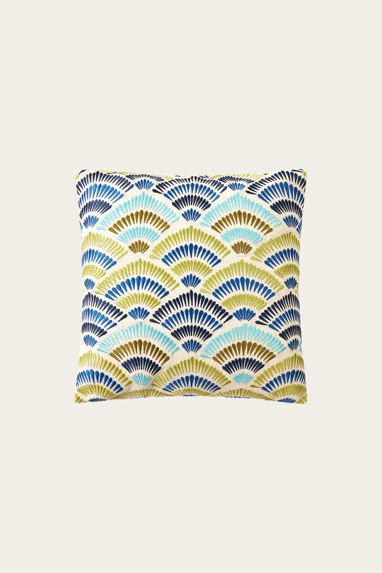 The Pasadena Embroidered Euro Throw Pillow - Blue features a rectangular shape with a repeating fan pattern in blue on a white background, showcasing overlapping semi-circles that create stylized scallop shapes.