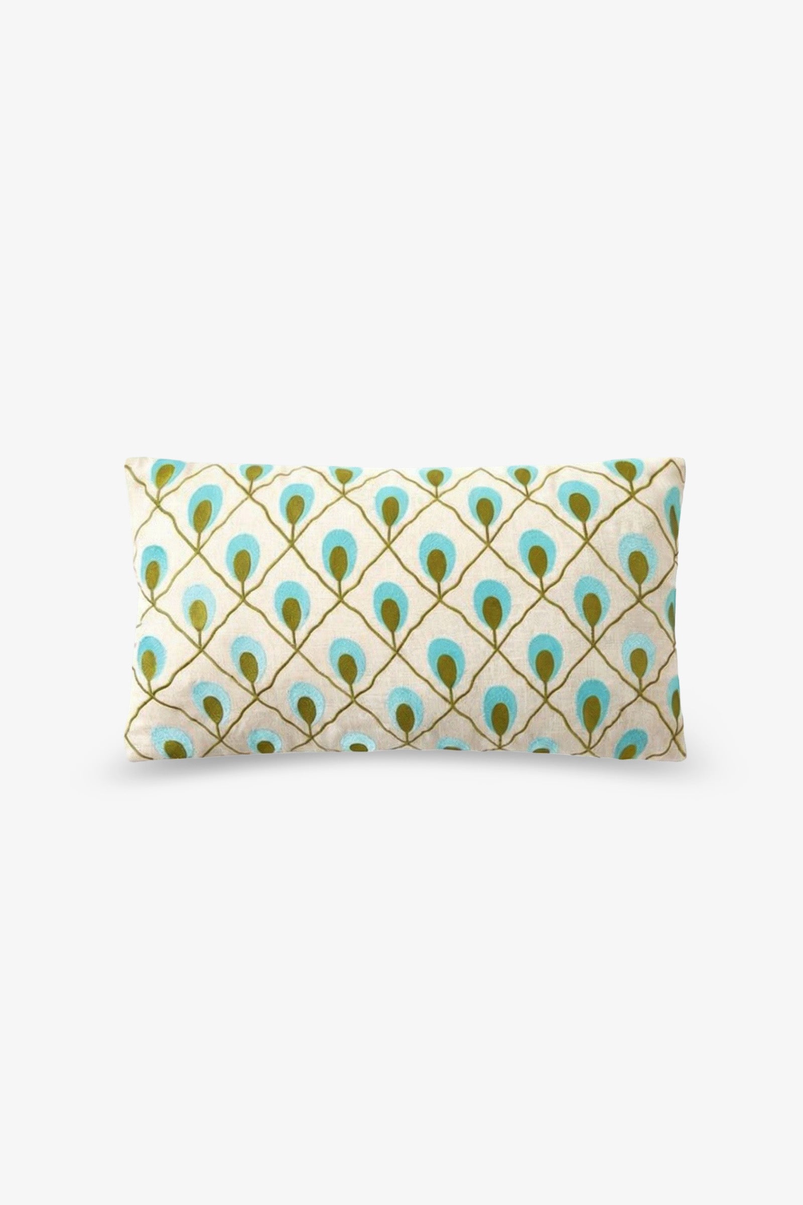 The Roseville Embroidered Lumbar Pillow features a rectangular shape with a repeating pattern of stylized turquoise and gold peacock feathers on a white background.