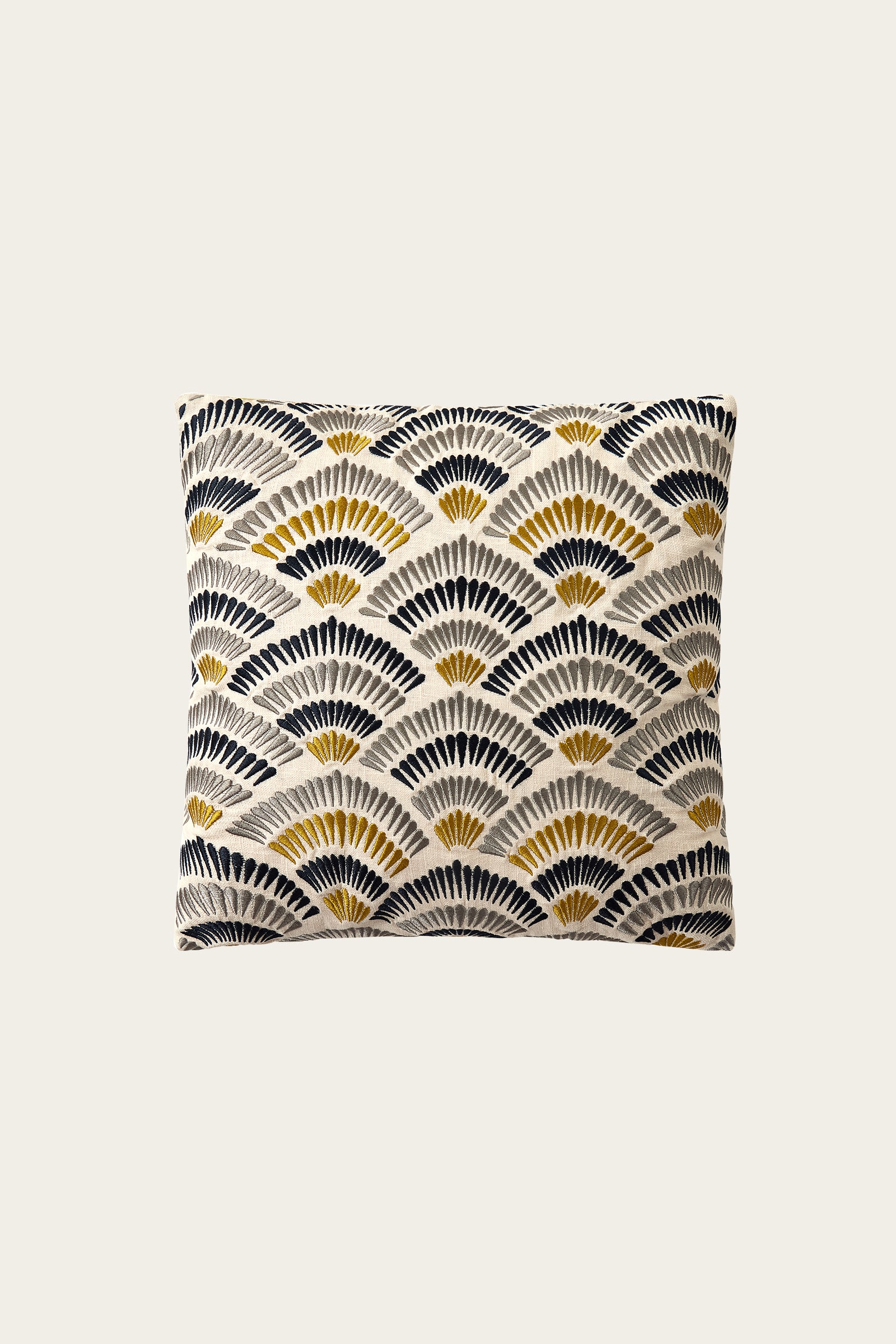 The Pasadena Embroidered Euro Throw Pillow - Gold features a gold fan-shaped pattern on a cream background, showcasing an Art Deco style.