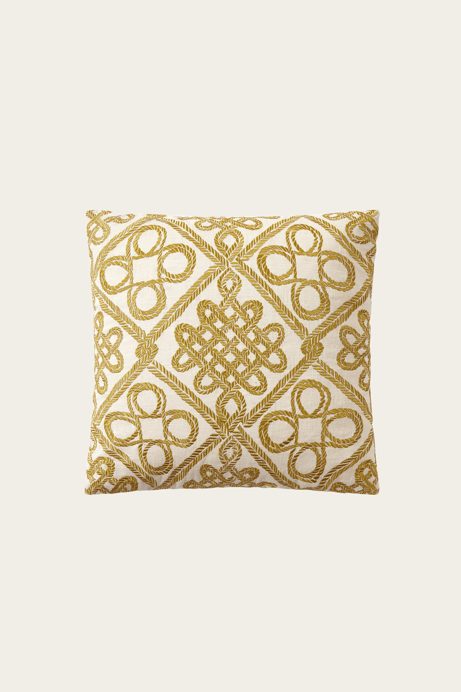 The Costa Mesa Embroidered Euro Throw Pillow in gold features geometric, rope-like gold embroidery with diamond and knot motifs on a white background, displayed on a plain light backdrop.
