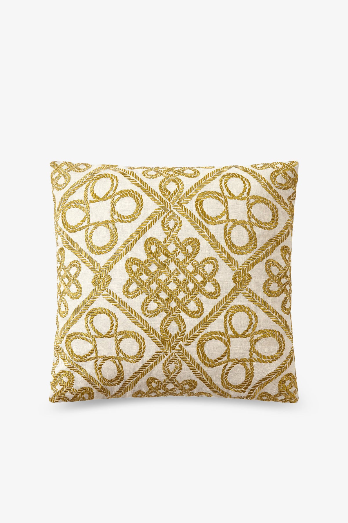 The Costa Mesa Embroidered Square Pillow features an intricate yellow and white geometric design with loops and diamond shapes, beautifully set against a plain white background.