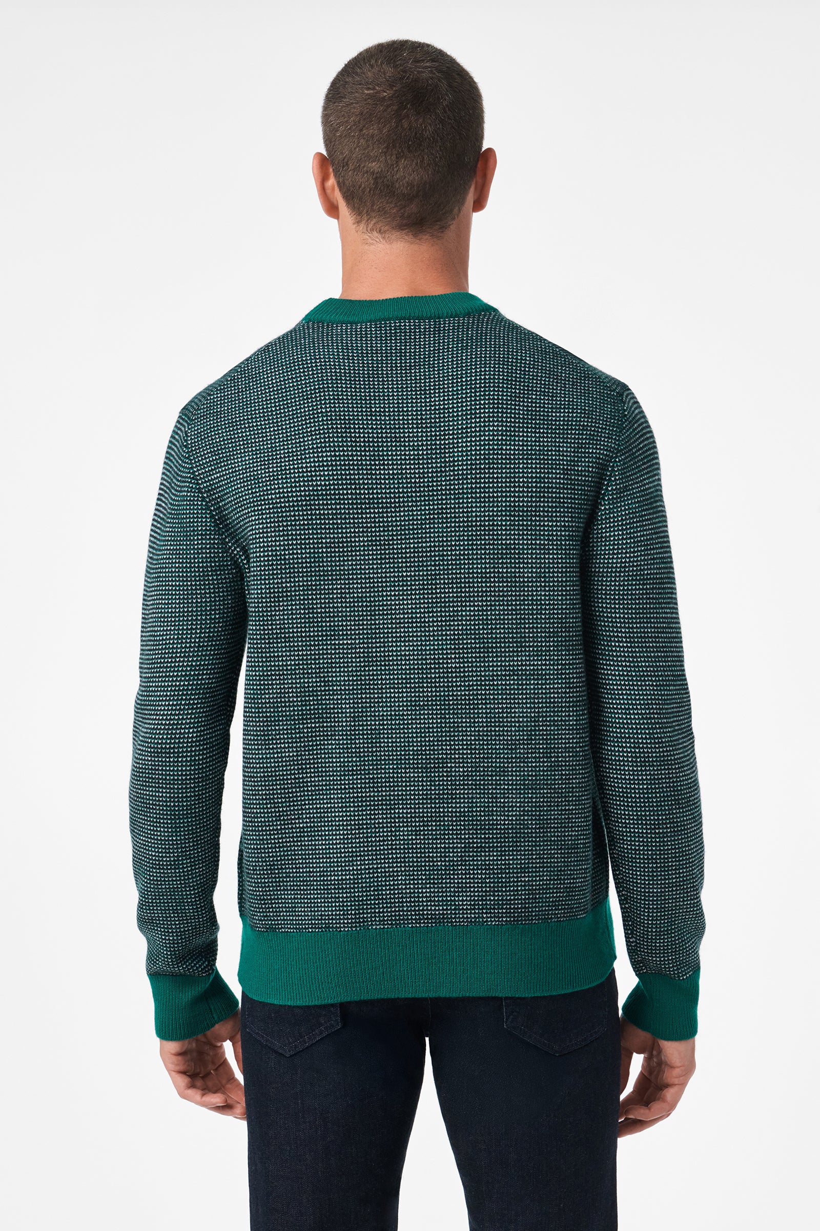 A person with short hair is shown from the back, wearing the Ezra Crewneck—a green and black textured sweater with solid green cuffs and waistband—paired with dark jeans, standing against a plain white background.