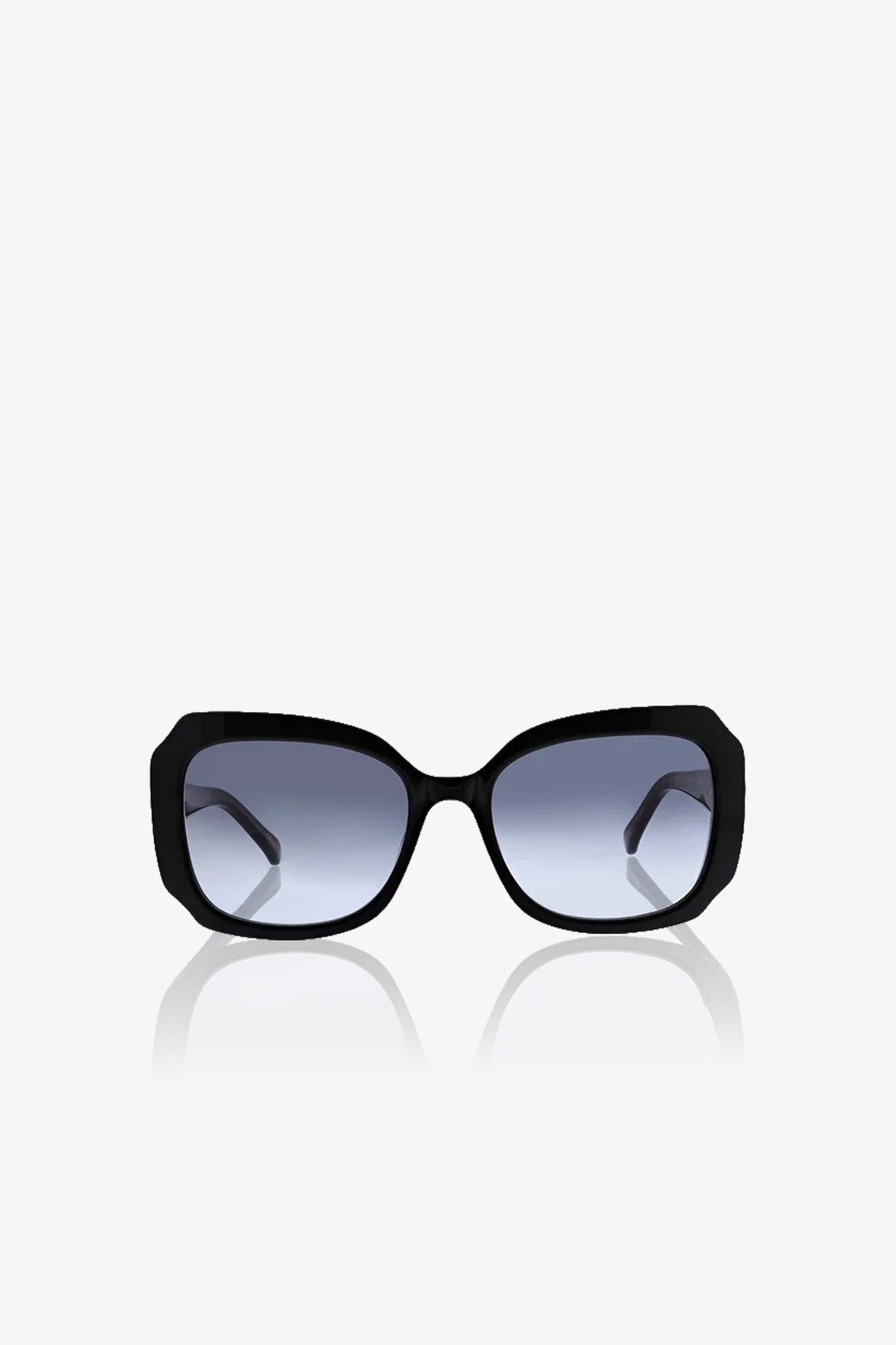 The Sandbanks Oversized Sunglasses feature a black square frame and dark gradient lenses, shown facing forward against a plain white background with their reflection visible below.