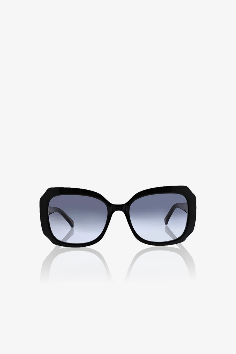 The Sandbanks Oversized Sunglasses feature a black square frame and dark gradient lenses, shown facing forward against a plain white background with their reflection visible below.