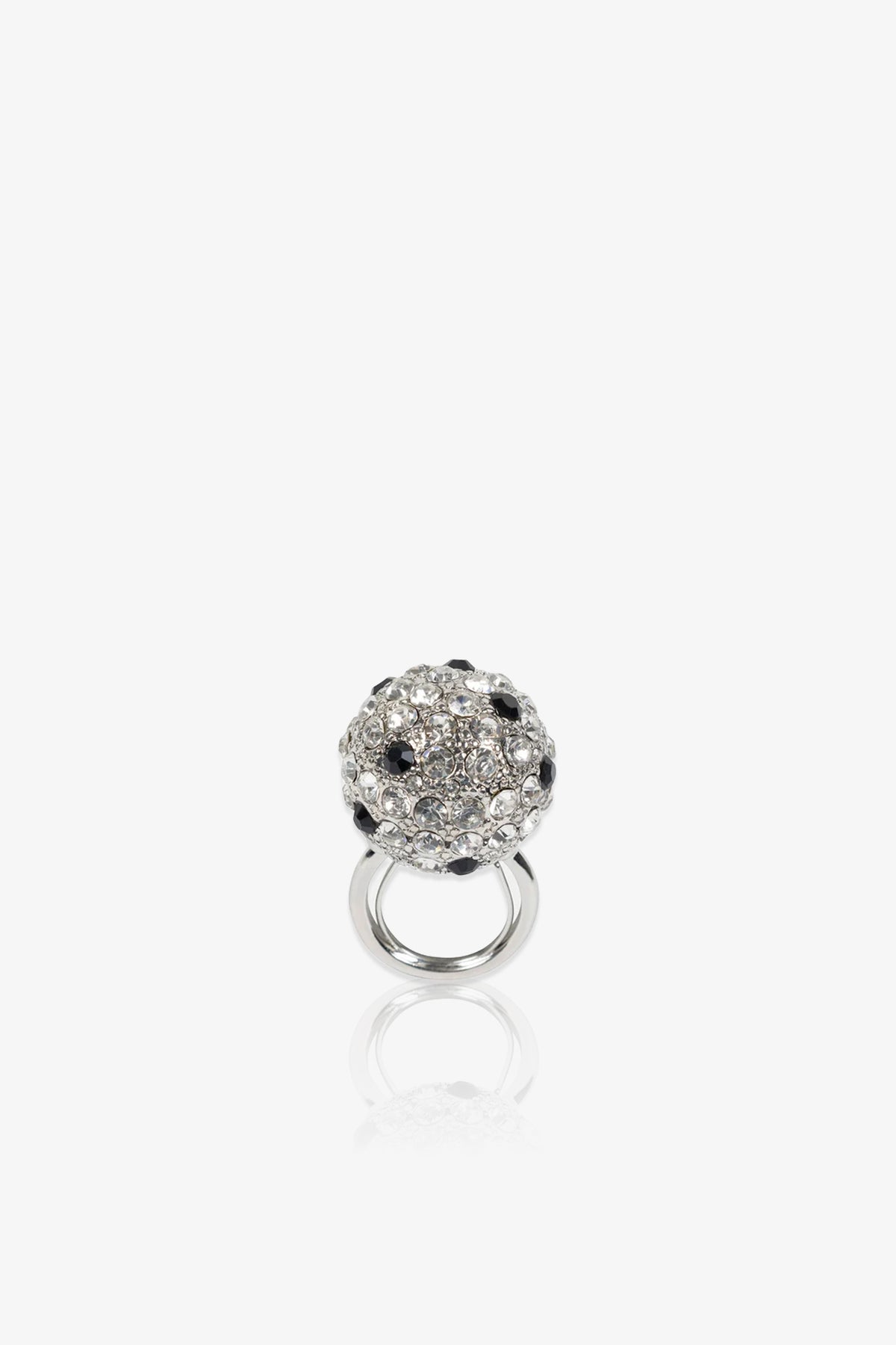 The Cryjet Disco Ball Adjustable Ring features a silver band crowned with a round cluster of clear and black gemstones, elegantly displayed on a white background with a subtle reflection beneath.