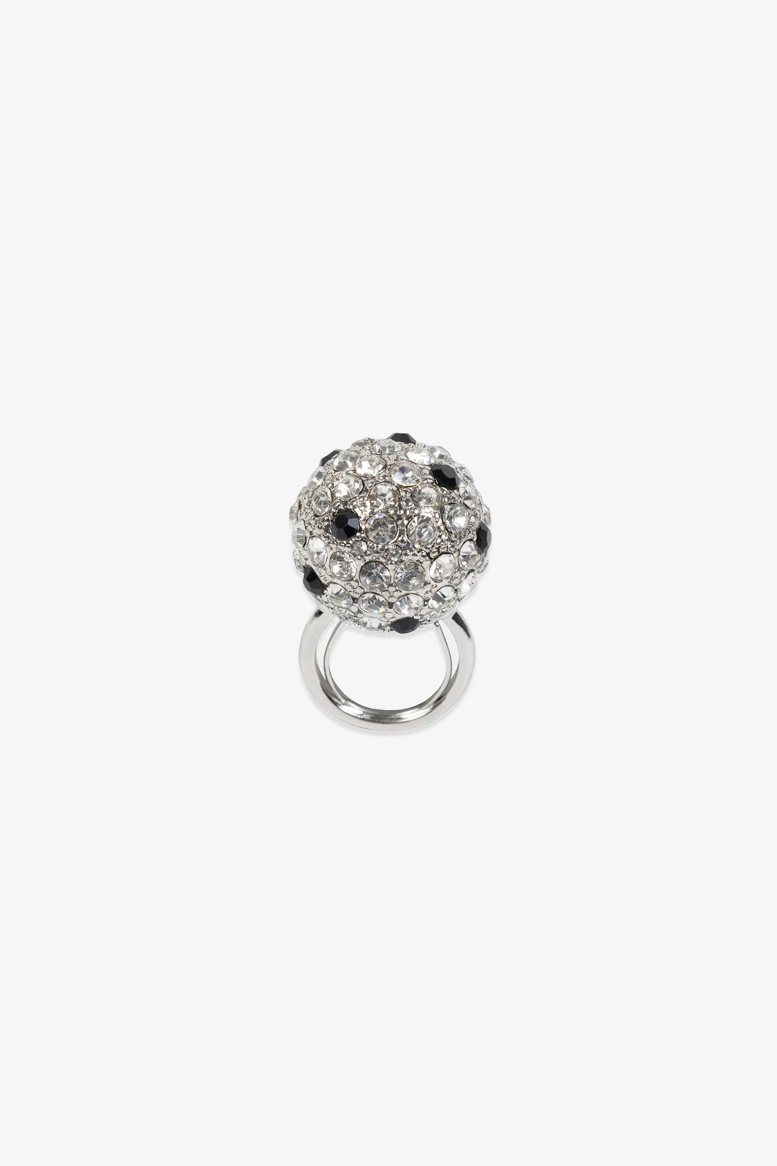 The Cryjet Disco Ball Adjustable Ring is a silver ring with a round, dome-shaped top encrusted with clear and black gemstones, shown against a white background.