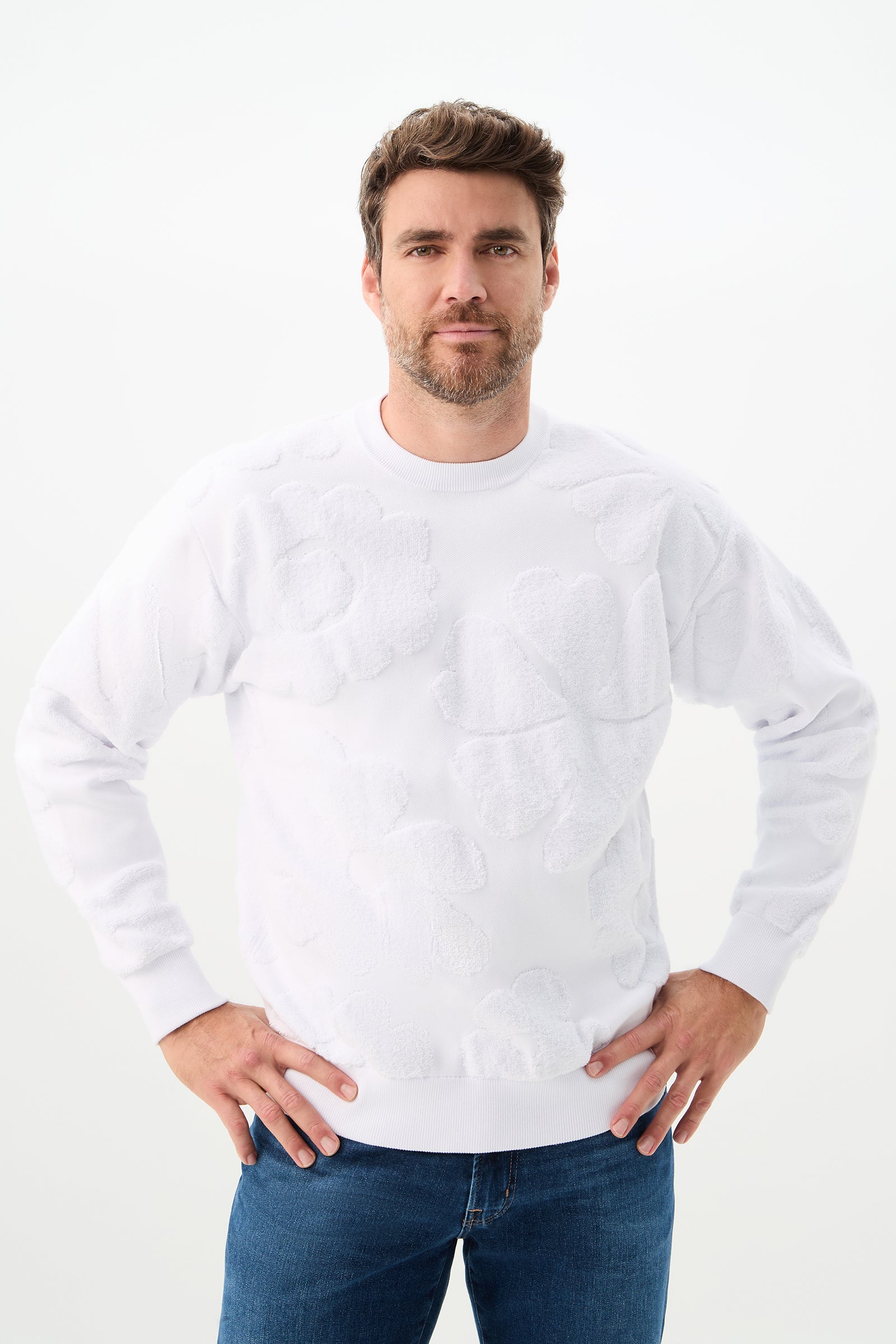 Terry White Textured Crewneck Sweatshirt