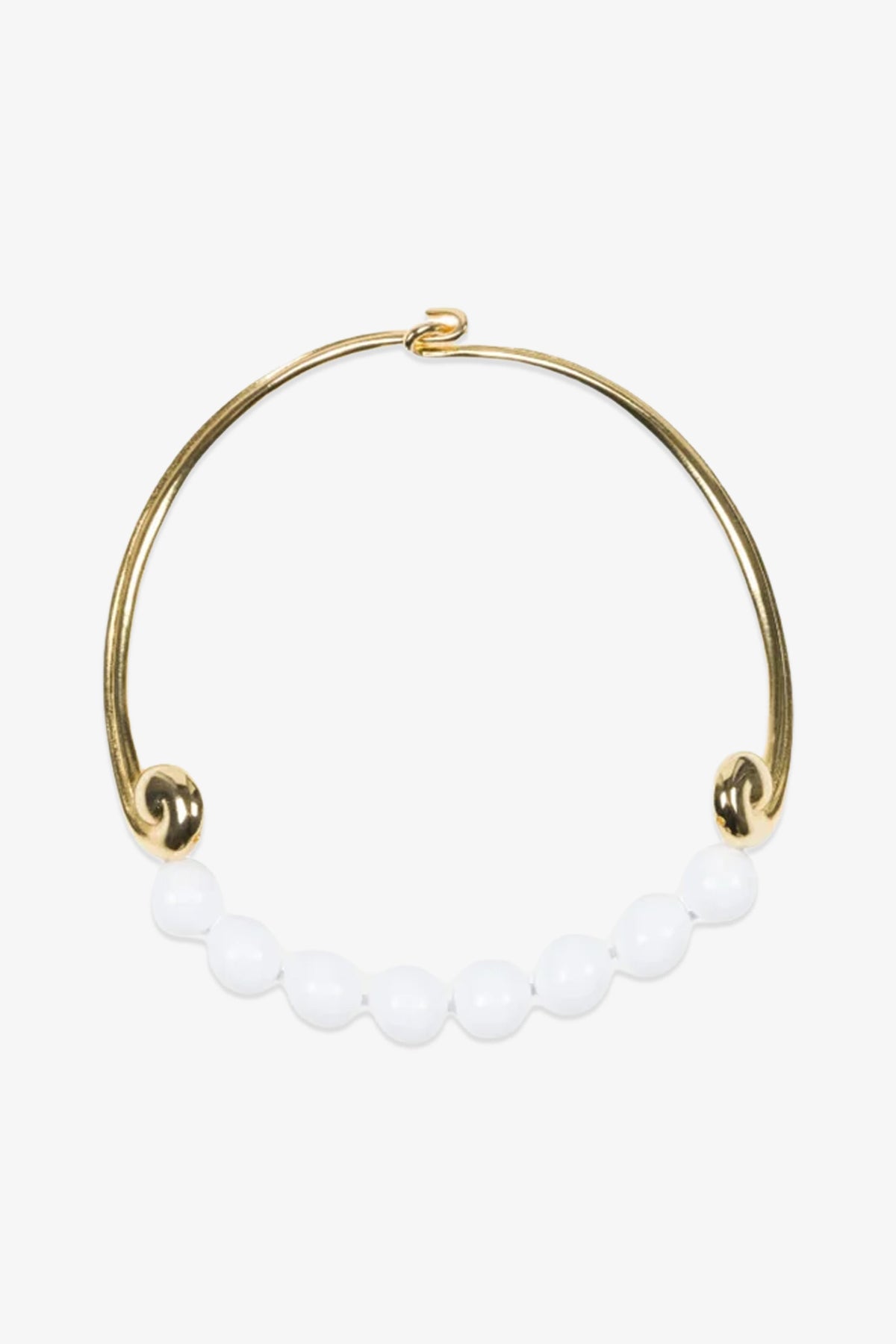 KJL Beaded White and Gold Collar Necklace featuring a row of round white beads along the bottom curve, with an open-ended design and a simple hook clasp at the top.
