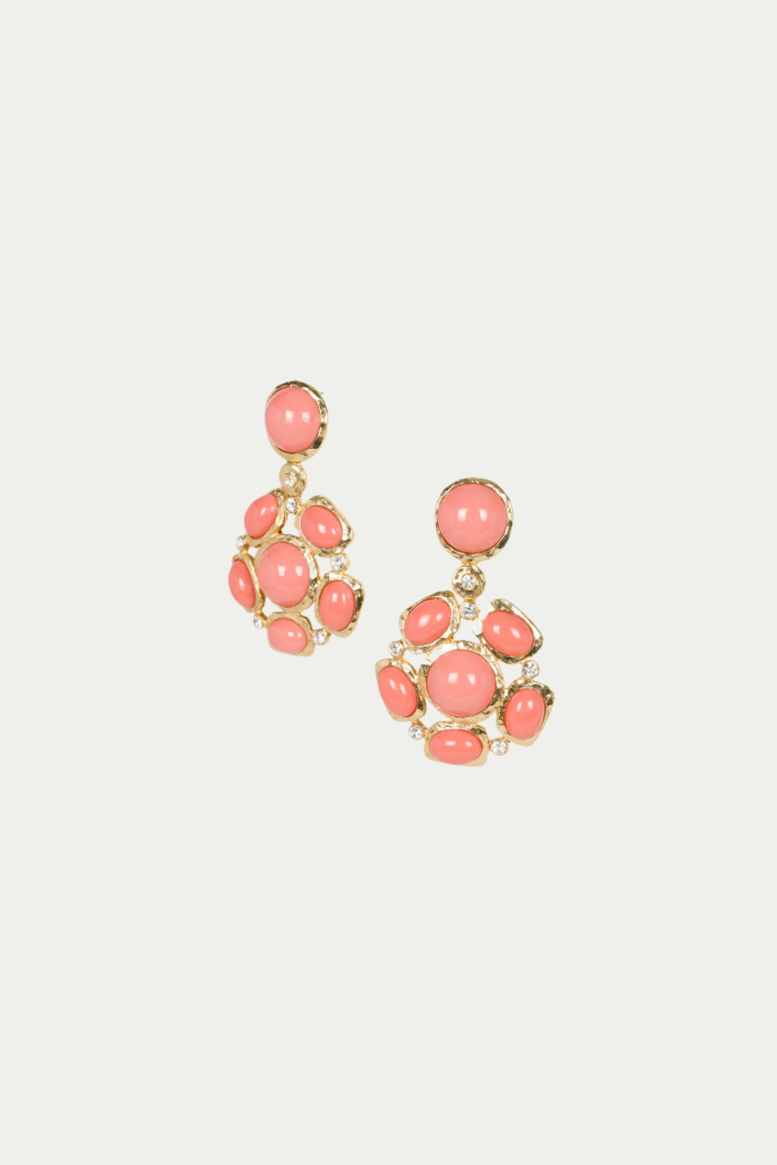 The TT x KJL Cabochon Cluster Drop Earrings feature coral clusters of small and large oval stones set in a decorative pattern, displayed on a plain white background.