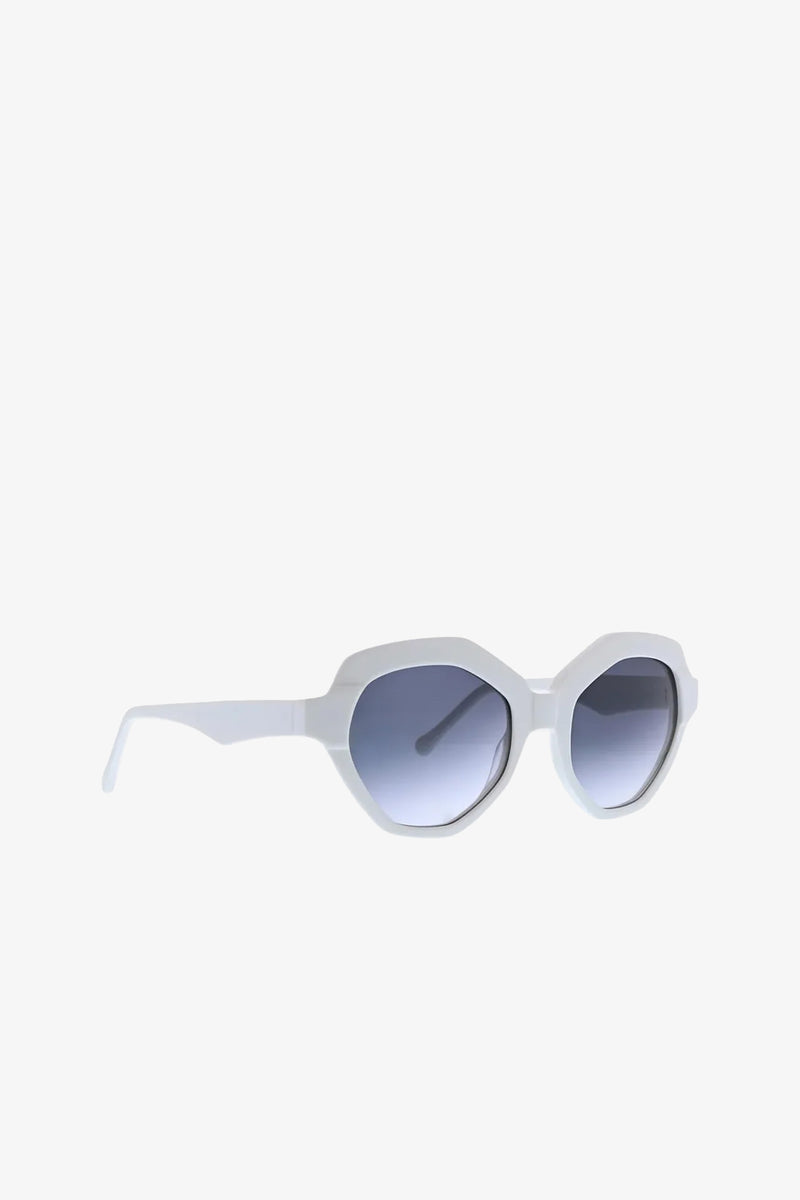 Ipanema Sunglasses featuring a white frame, geometric rounded lenses, and a blue gradient tint, displayed on a plain white background.