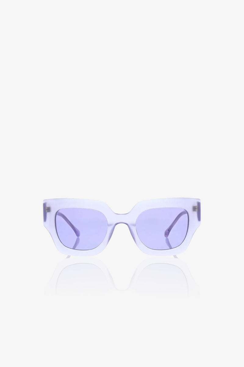 Sol Sunglasses featuring thick, translucent light purple rectangular frames and matching purple-tinted lenses, displayed on a white background.
