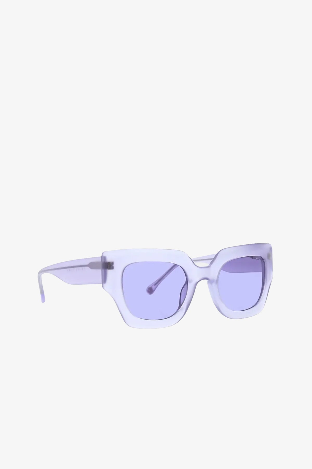 Sol Sunglasses in lavender, featuring rectangular, thick translucent frames and matching tinted lenses, displayed against a plain white background.