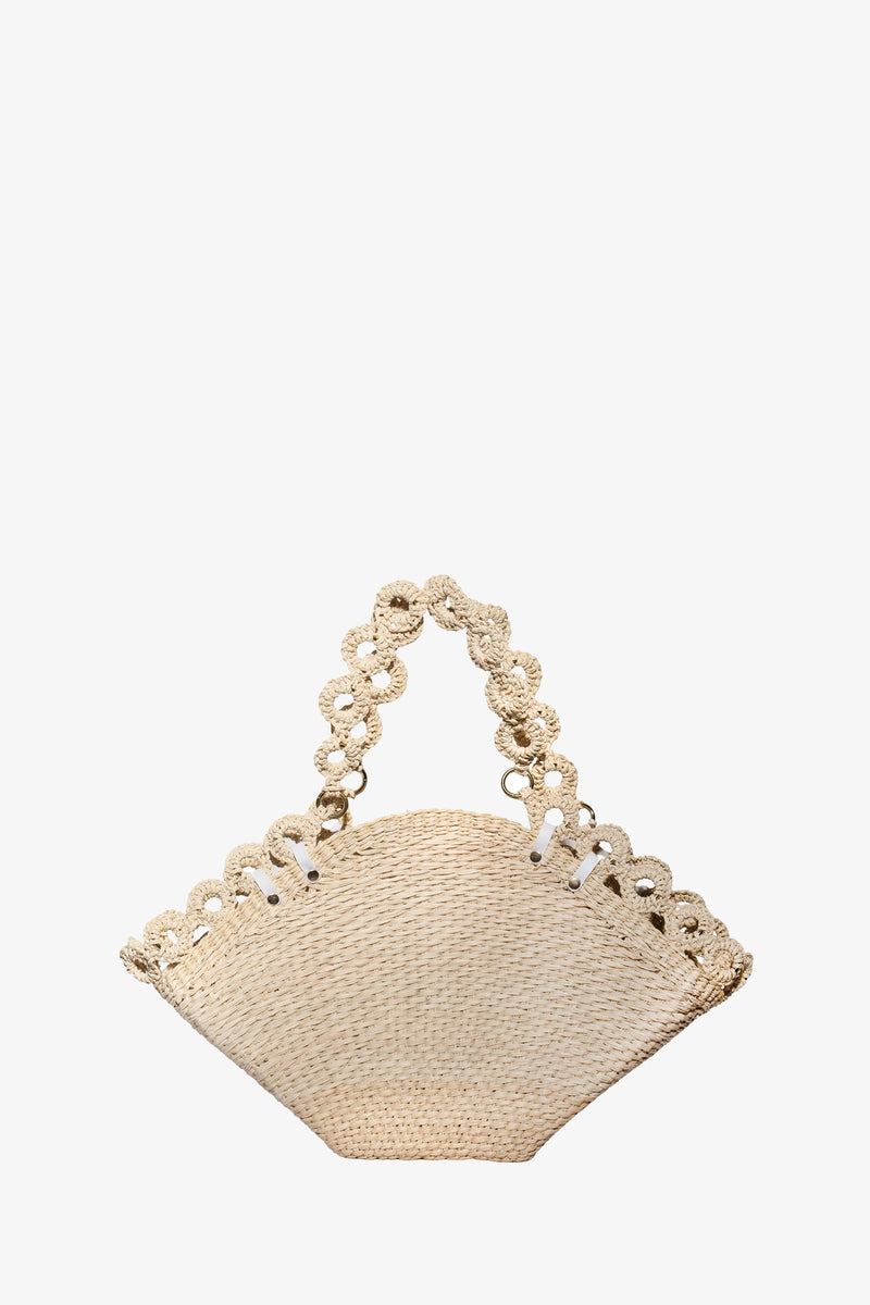 The Thick Weave Maxi Basket Tote in NATURAL features a fan-shaped woven straw body, scalloped top edge, and matching braided handles, shown against a plain white background.